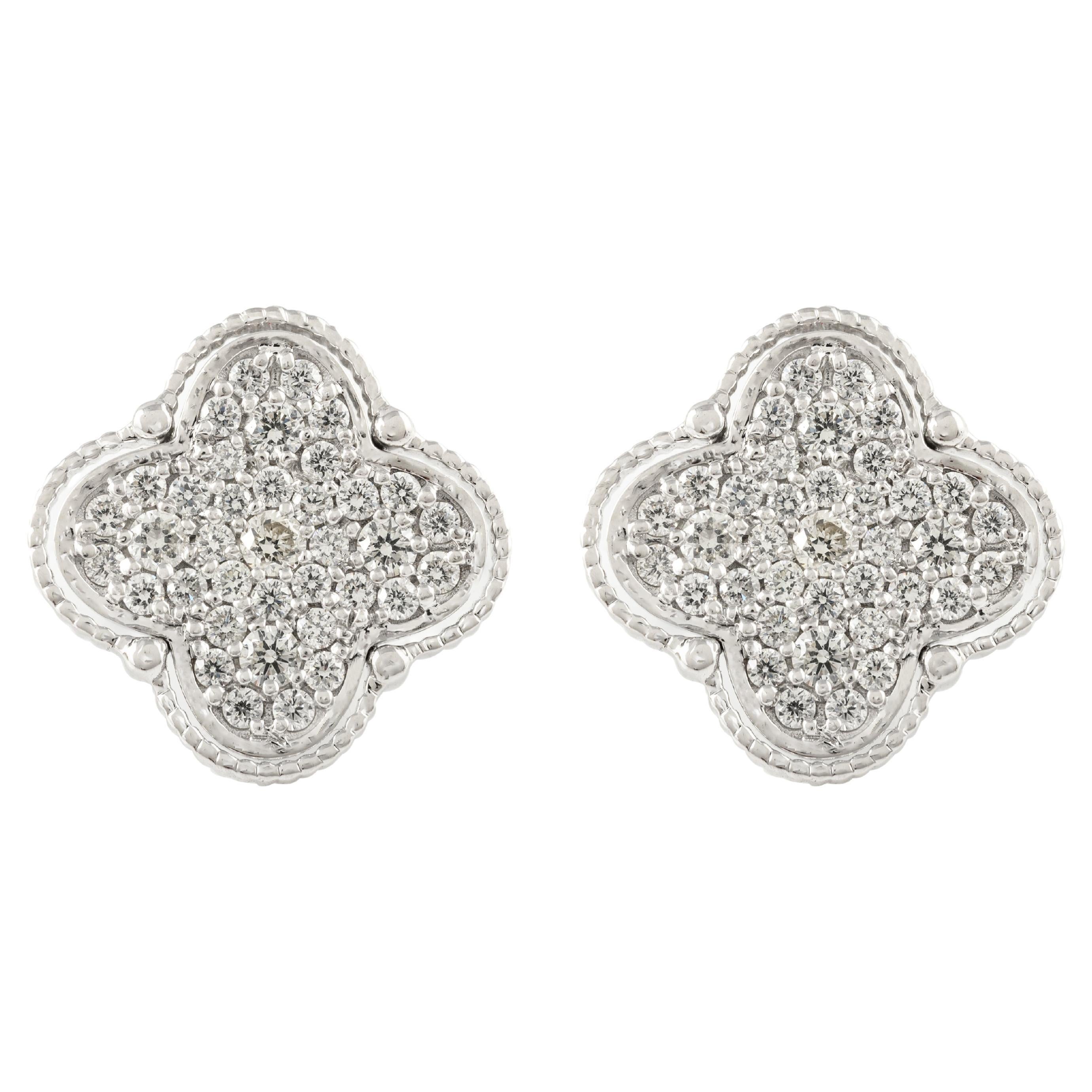 Solid 18k White Gold Pave Diamond Clover Studs Statement Earrings For Women For Sale
