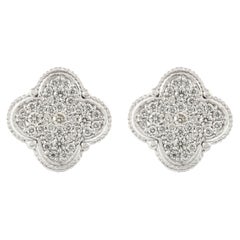 Solid 18k White Gold Pave Diamond Clover Studs Statement Earrings For Women