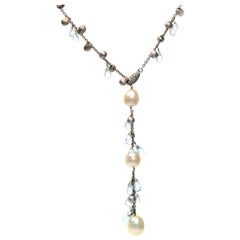 Solid 18 Karat White Gold Pearl and Aqua Adjustable Chain Necklace