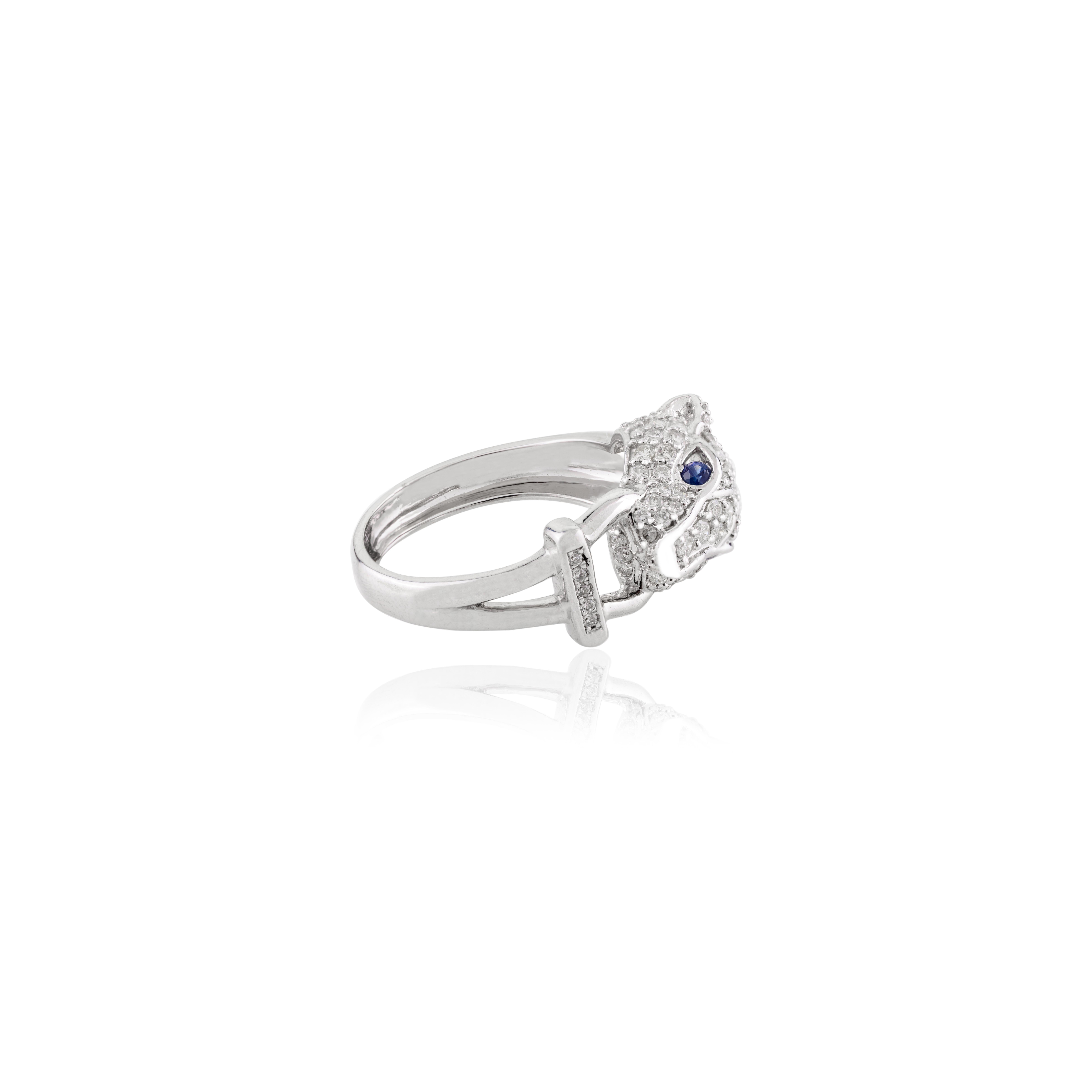 En vente :  Bague cocktail panthère surdimensionnée en or blanc massif 18 carats avec saphir bleu 5