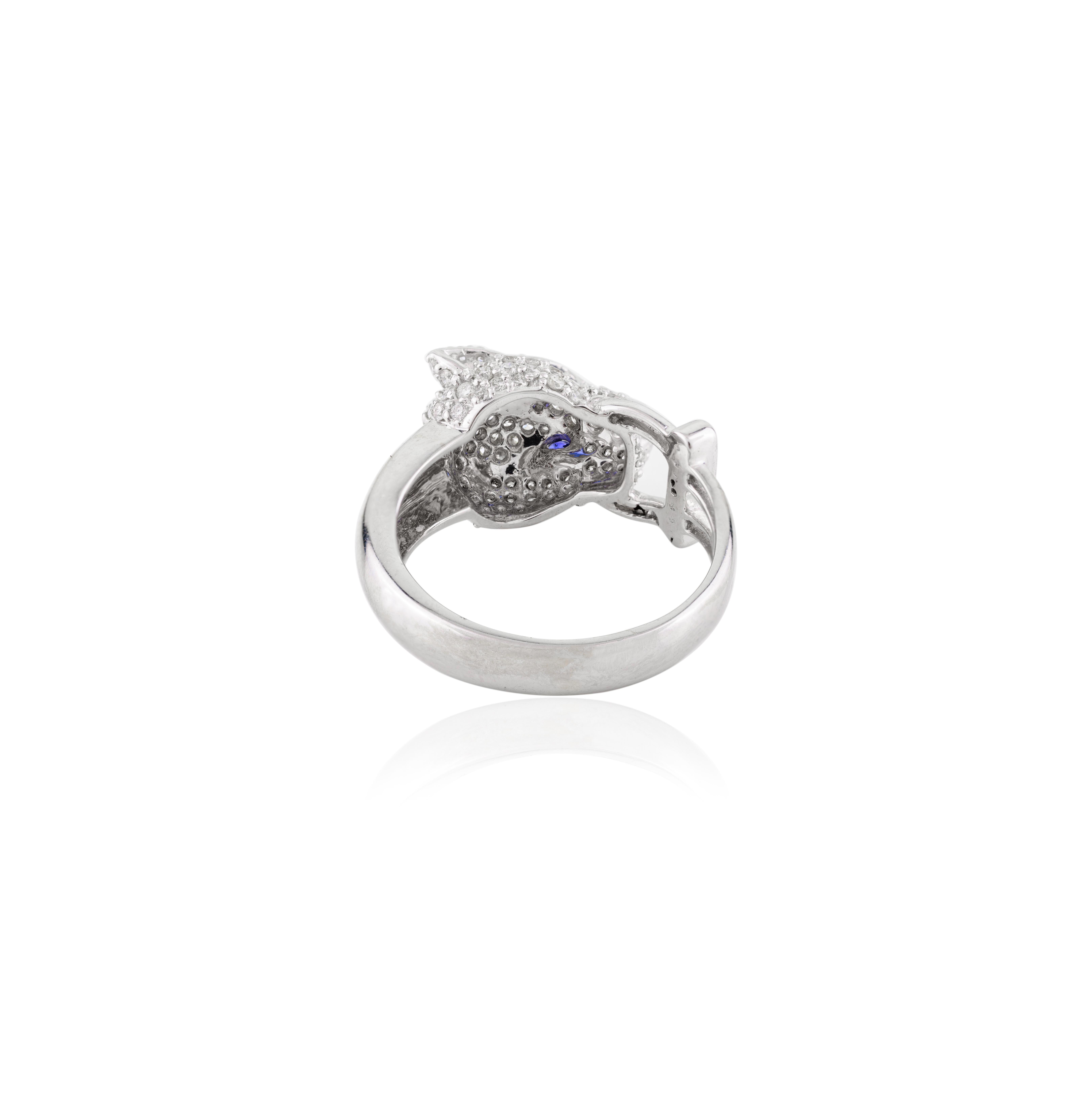 En vente :  Bague cocktail panthère surdimensionnée en or blanc massif 18 carats avec saphir bleu 7