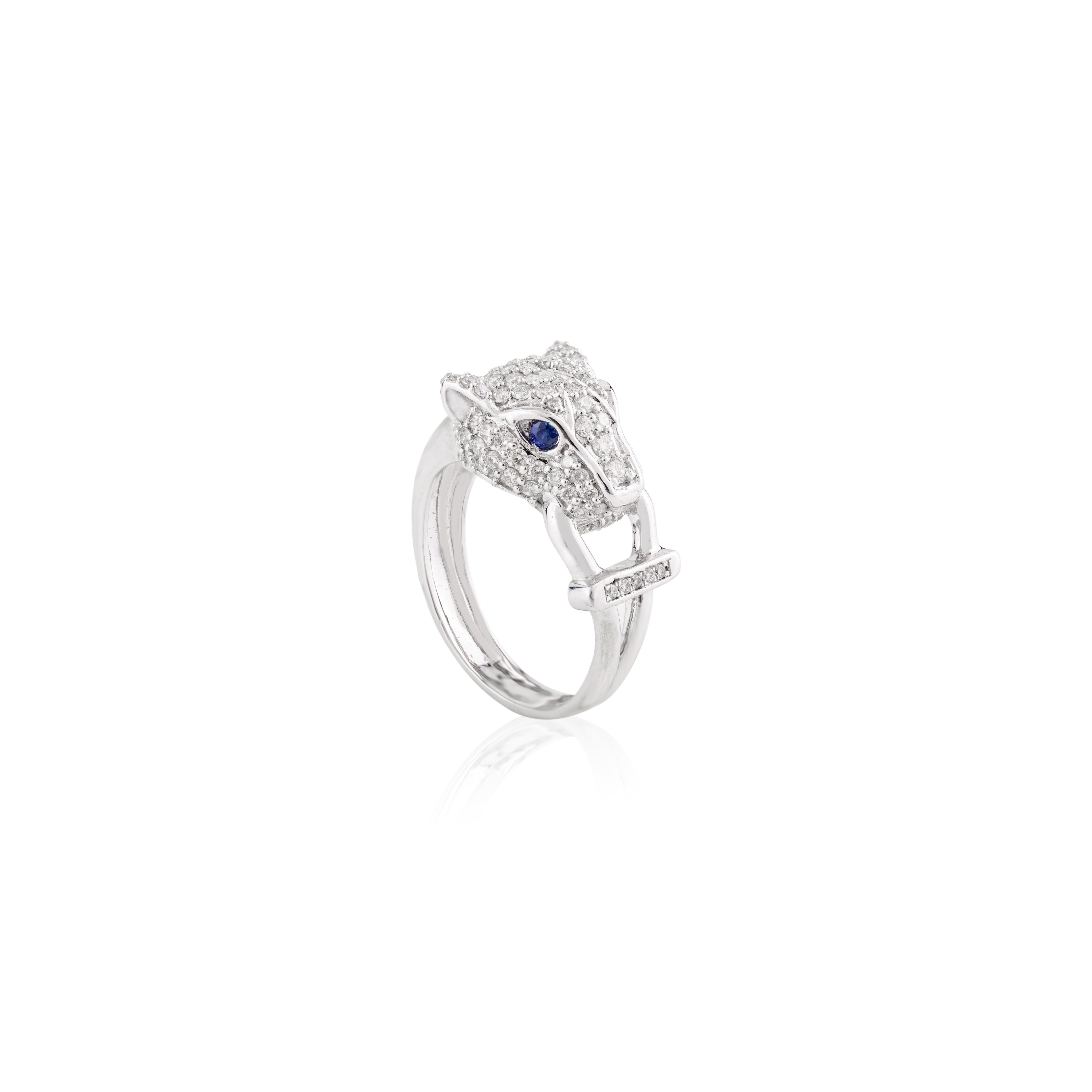 En vente :  Bague cocktail panthère surdimensionnée en or blanc massif 18 carats avec saphir bleu 8