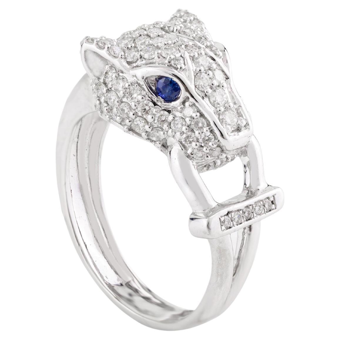 Anillo de Cóctel Pantera de Diamantes con Zafiro Azul Macizo de Oro Blanco de 18k