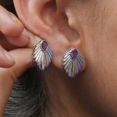 Solid 18k White Gold Stud Natural Amethyst Gemstone Sea Shell Earrings Jewelry