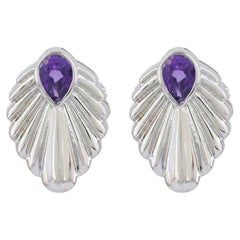 Solid 18k White Gold Stud Natural Amethyst Gemstone Sea Shell Earrings Jewelry