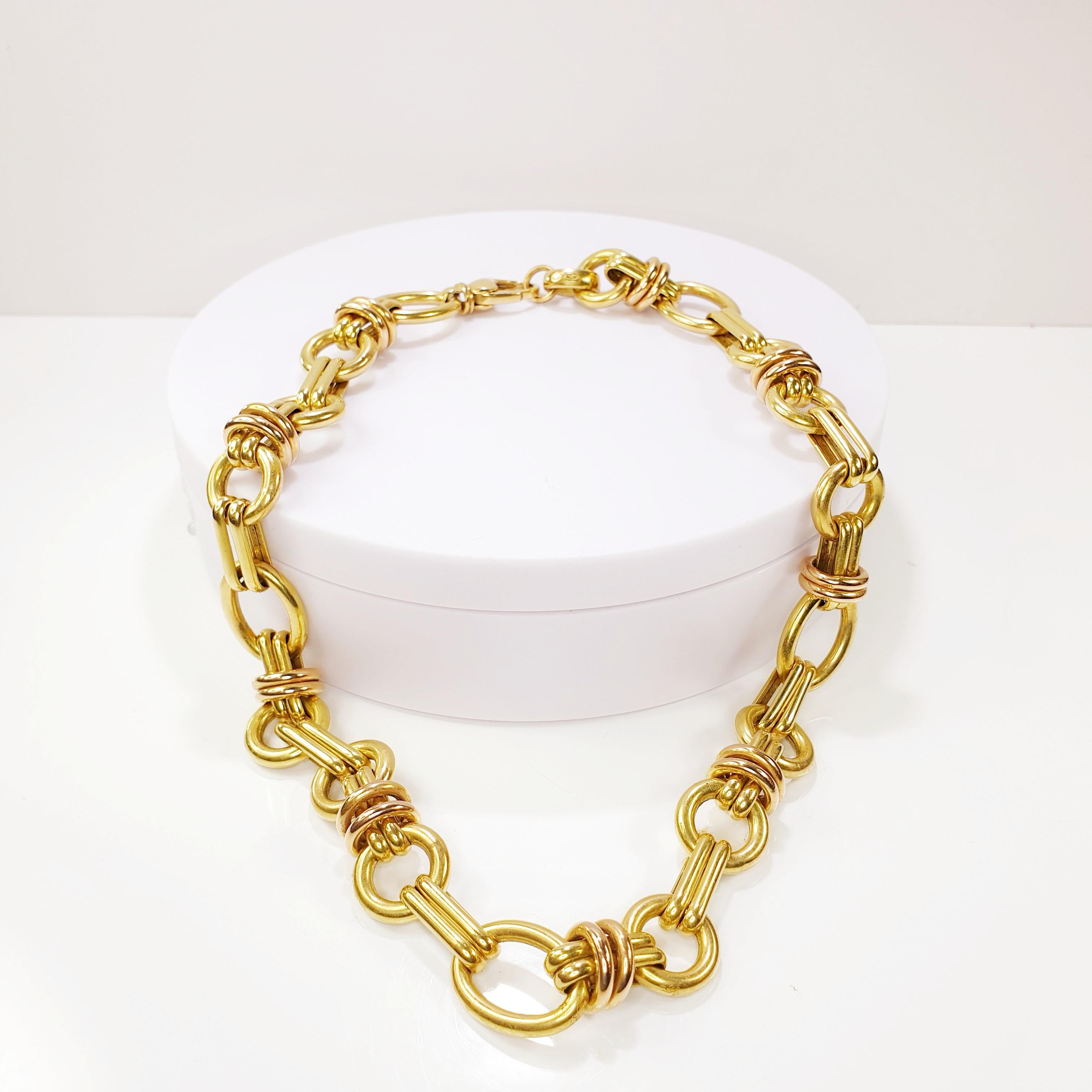 Solide Gliederhalskette aus 18 Karat Gelb- und Roségold für Damen oder Herren