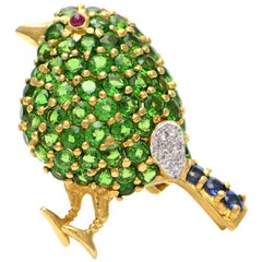 Solid 18K Yellow Bird Pin/ Pendant, Genuine Tsavorite, Ruby, Sapphire & Diamond