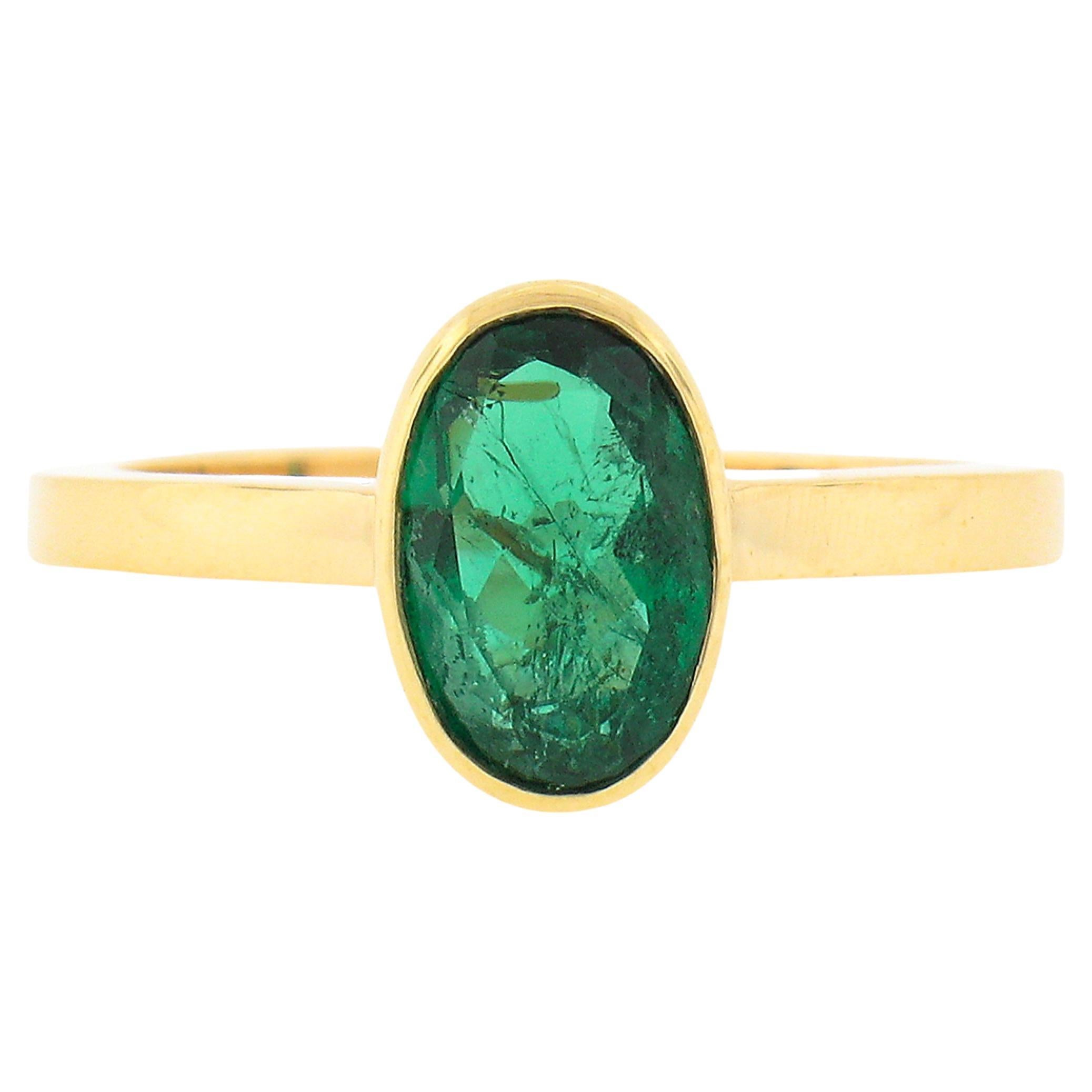Solid 18K Yellow Gold 1.21ctw Oval Bezel Set Emerald Solitaire Engagement Ring For Sale