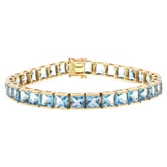 Solid 18K Yellow Gold 13.65 Carat Blue Topaz Tennis Bracelet for Women