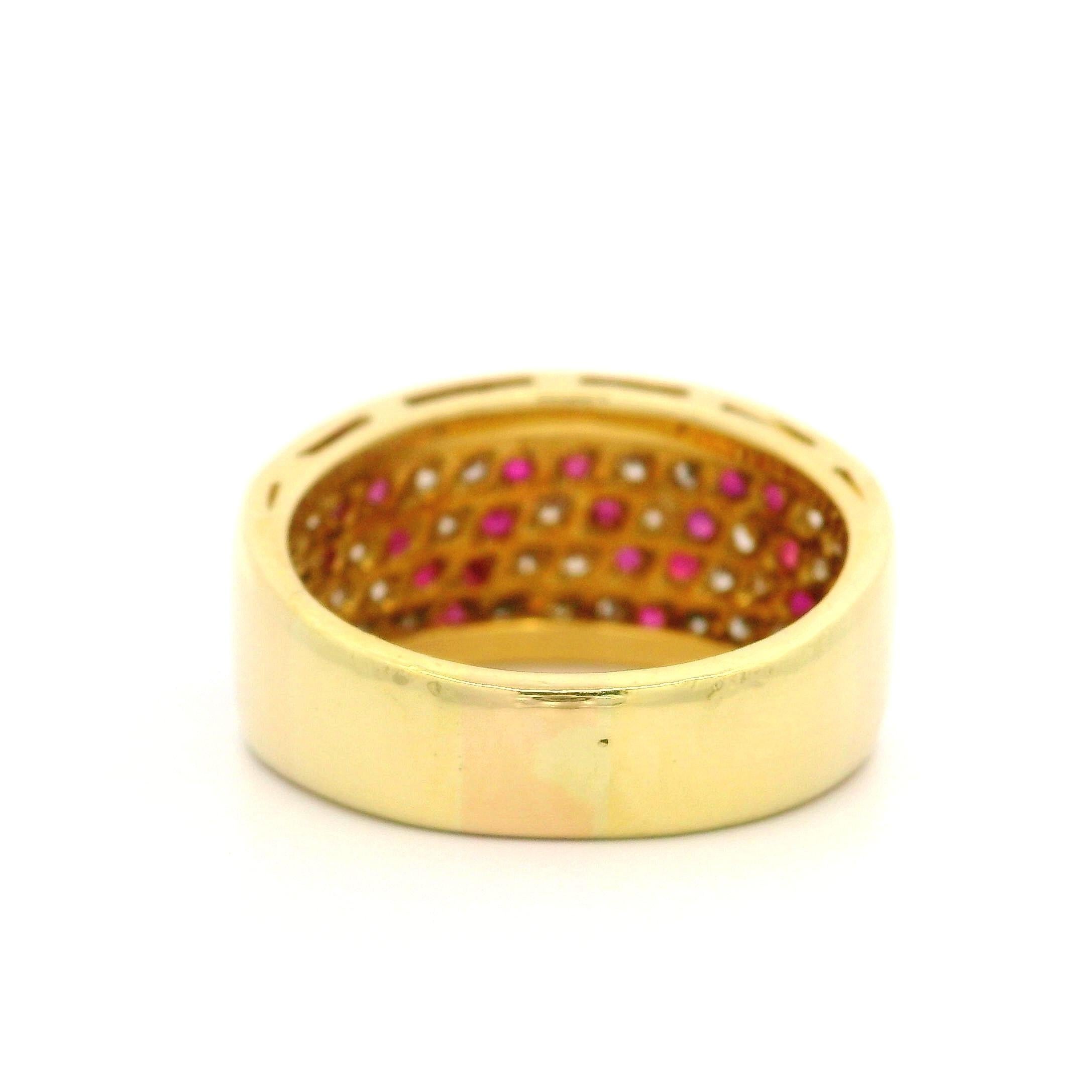 Women's Solid 18k Yellow Gold 1.75ctw Pave Ruby & Diamond Wide Zig Zag Band Ring For Sale