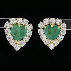Solid 18k Yellow Gold 3.55ctw Heart Cut Emerald & Diamond Halo Stud Earrings