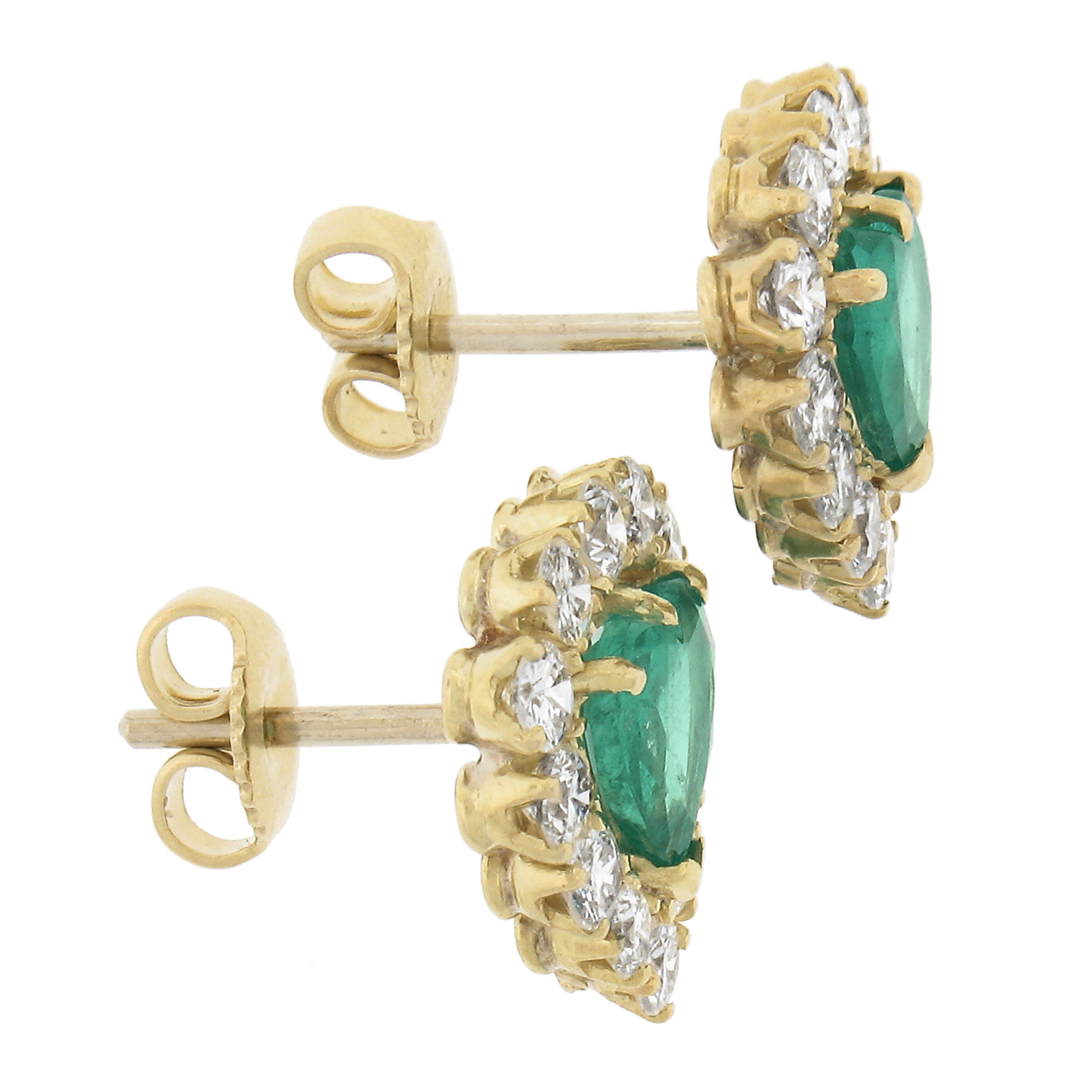 Women's Solid 18k Yellow Gold 3.55ctw Heart Cut Emerald & Diamond Halo Stud Earrings For Sale
