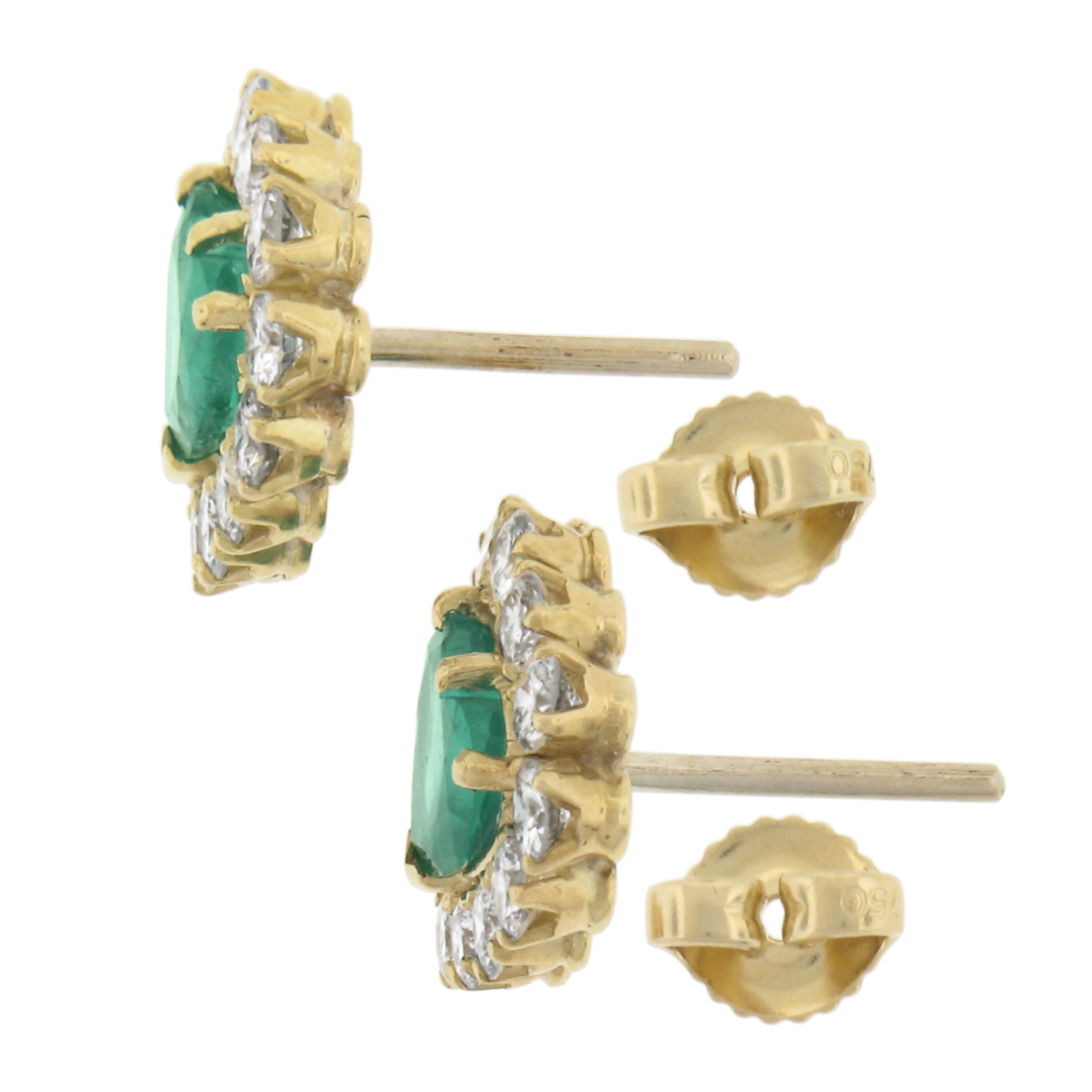 Solid 18k Yellow Gold 3.55ctw Heart Cut Emerald & Diamond Halo Stud Earrings For Sale 1