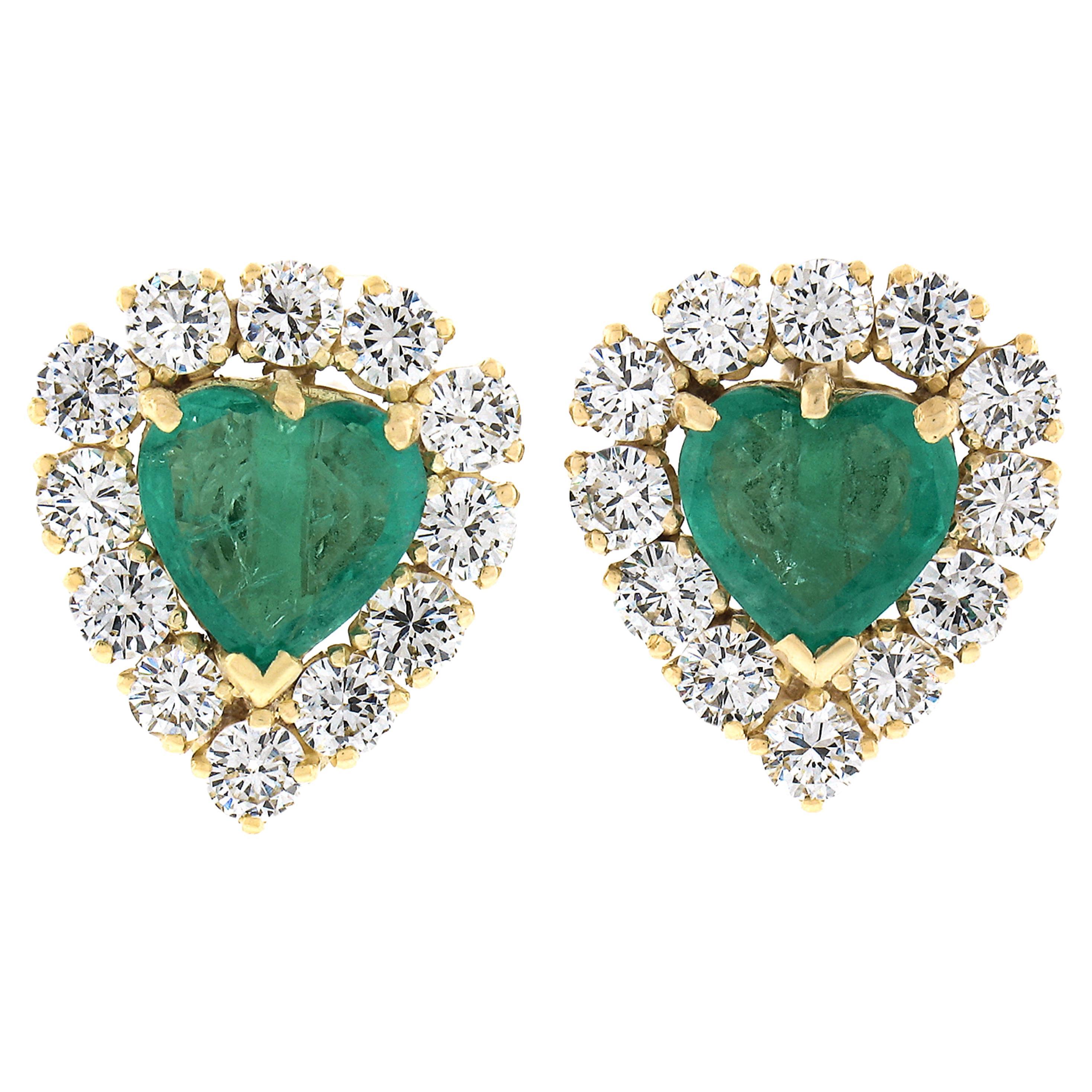 Solid 18k Yellow Gold 3.55ctw Heart Cut Emerald & Diamond Halo Stud Earrings For Sale