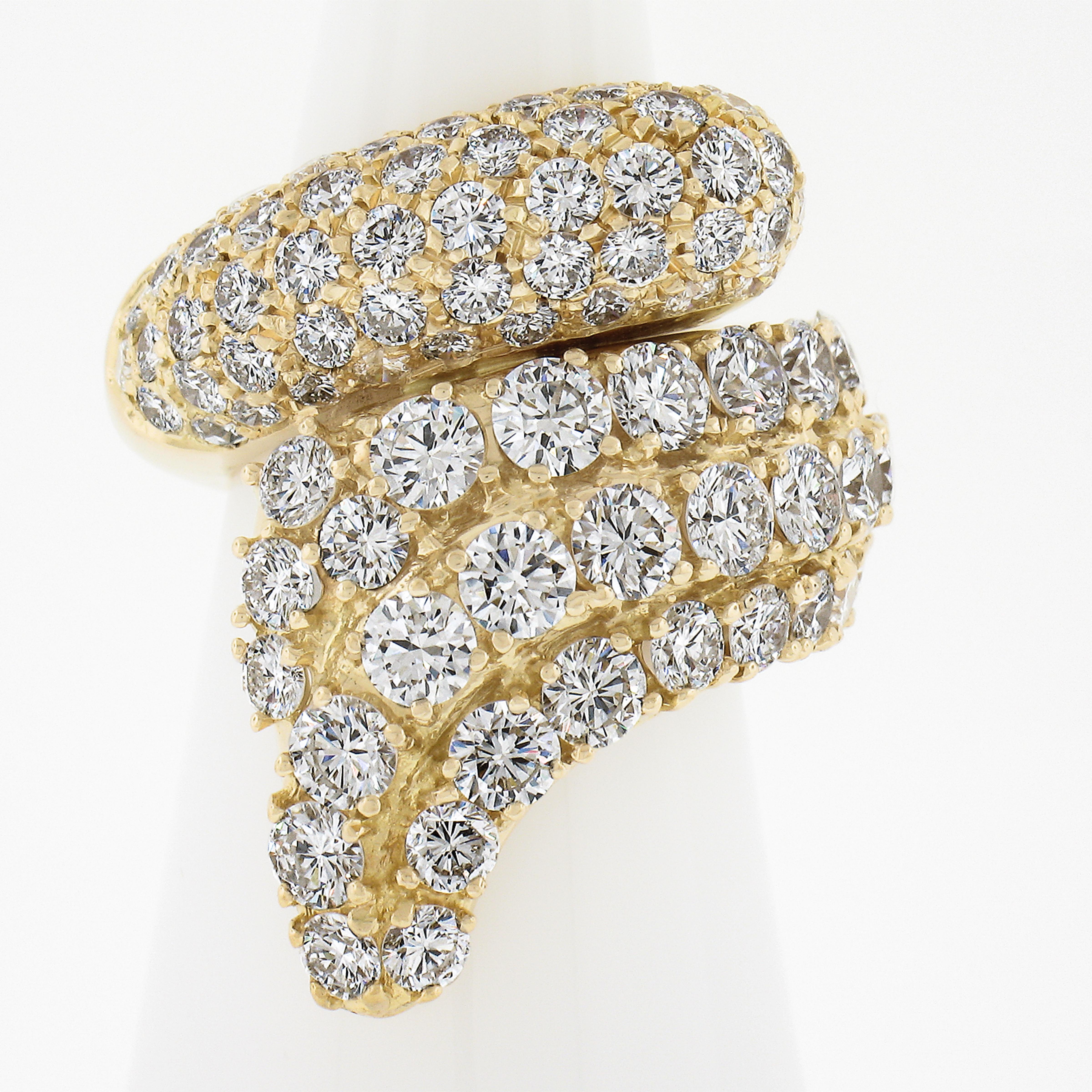 --Stone(s):--
(96) Natural Genuine Diamonds - Round Brilliant Cut - Pavé Set - VVS2-VS2 w/ Few SI1 Clarity - F/G Color 
Total Carat Weight:	6-6.50 (approx.)

Material: Solid 18k Yellow Gold
Weight: 13.75 Grams
Ring Size: 5.5 (Fitted on a finger. We