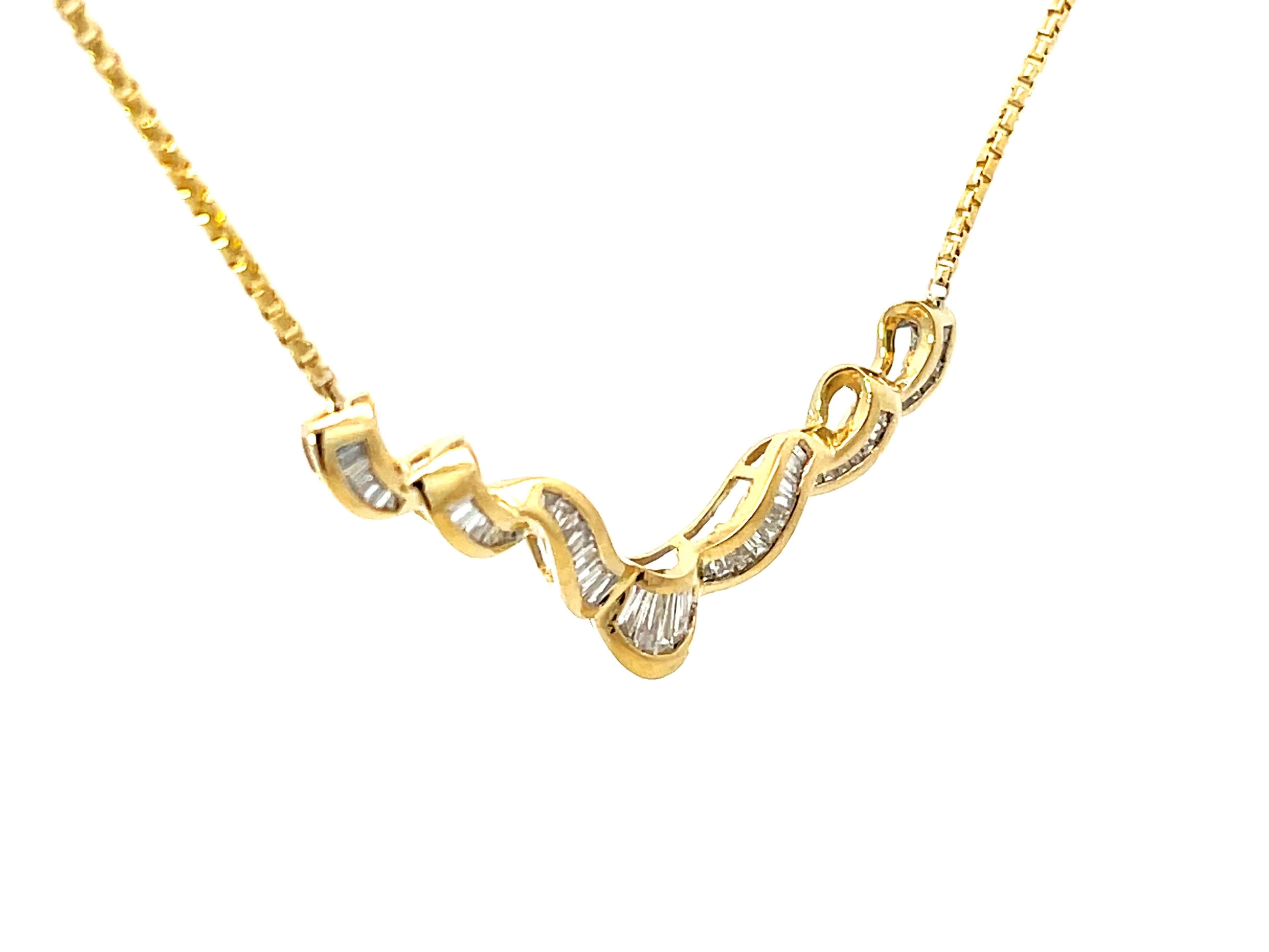 Modern Solid 18k Yellow Gold Baguette Diamond Swirl Pendant Necklace For Sale