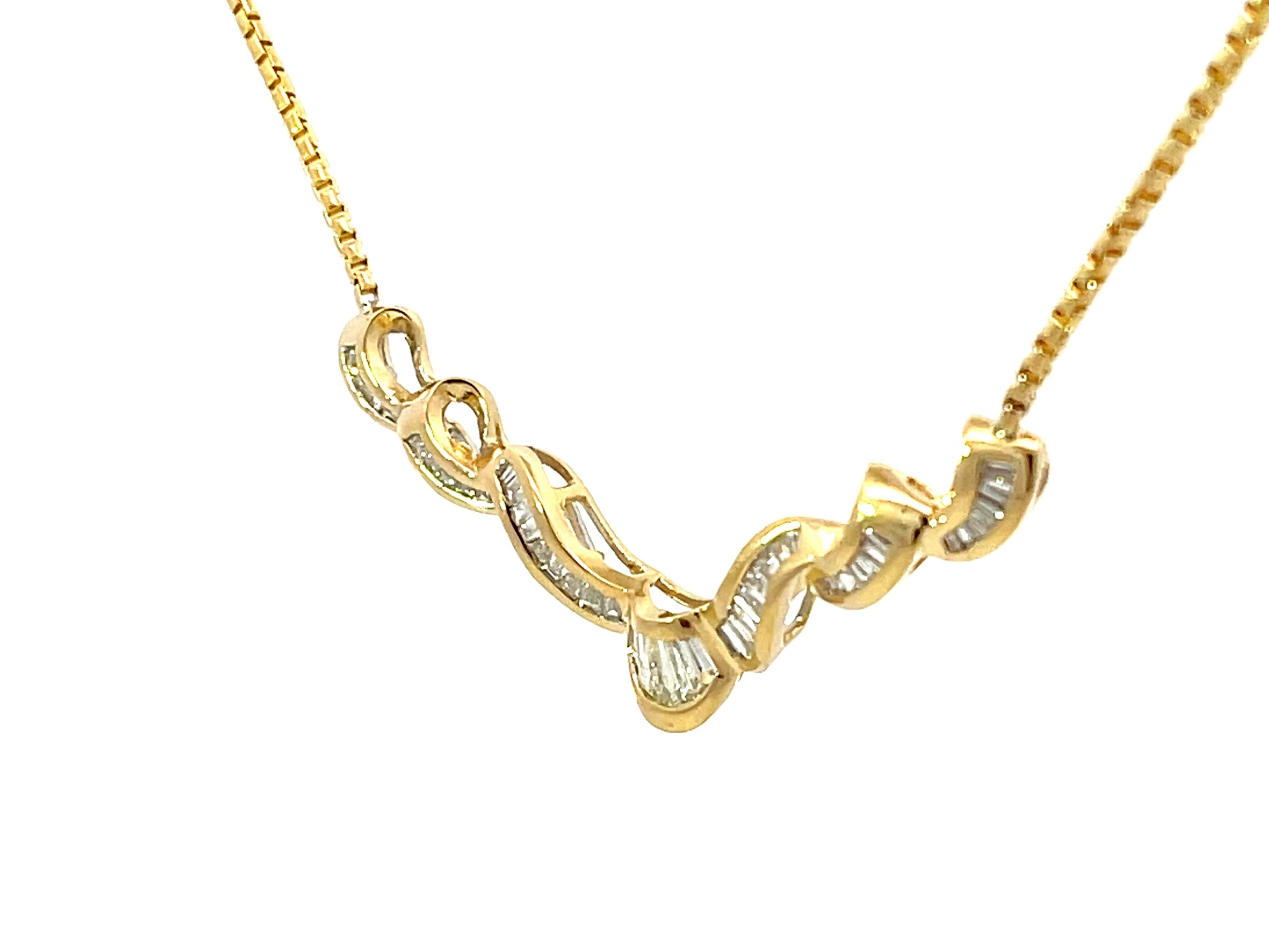 Baguette Cut Solid 18k Yellow Gold Baguette Diamond Swirl Pendant Necklace For Sale