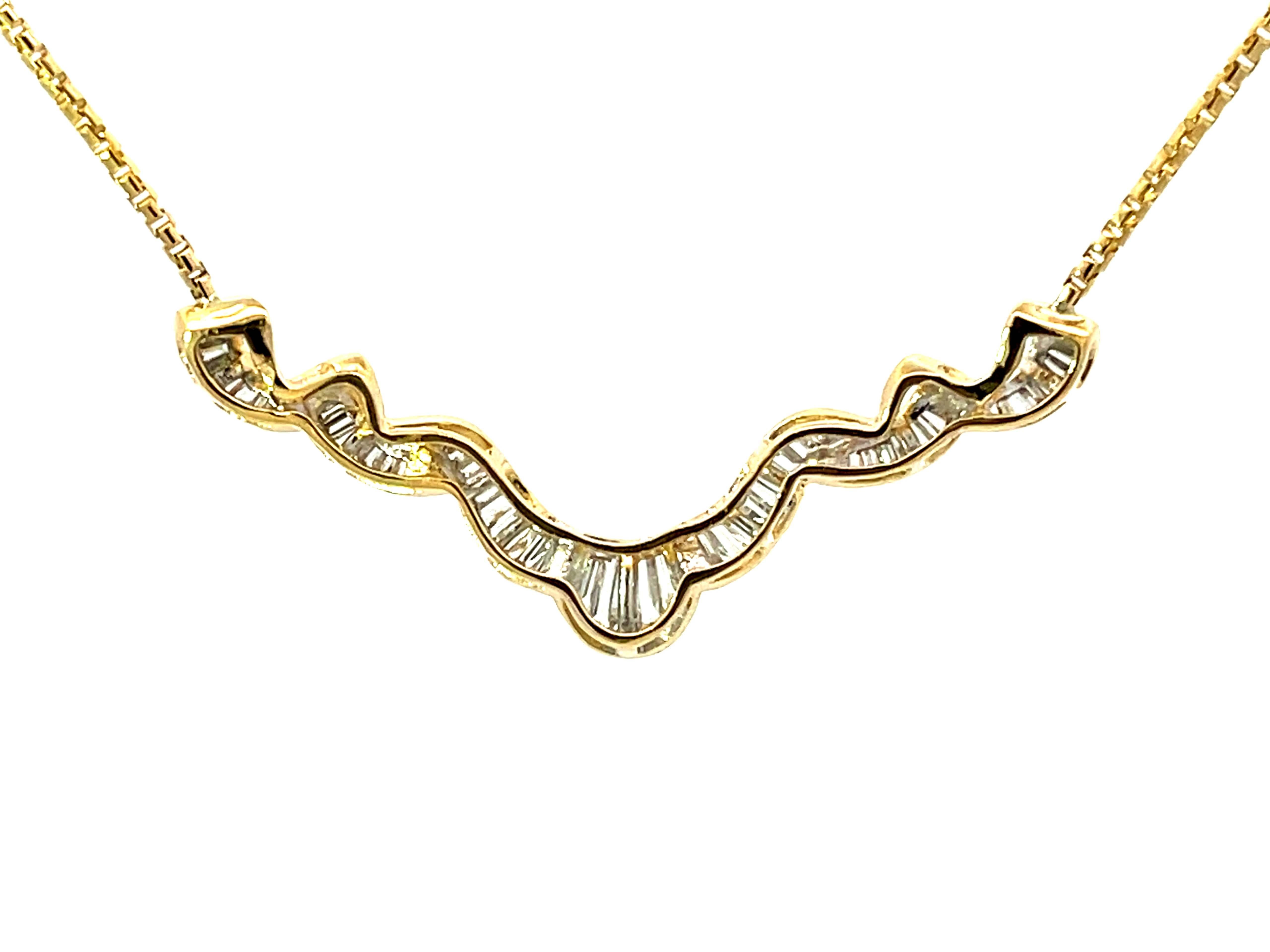 Solid 18k Yellow Gold Baguette Diamond Swirl Pendant Necklace For Sale 1