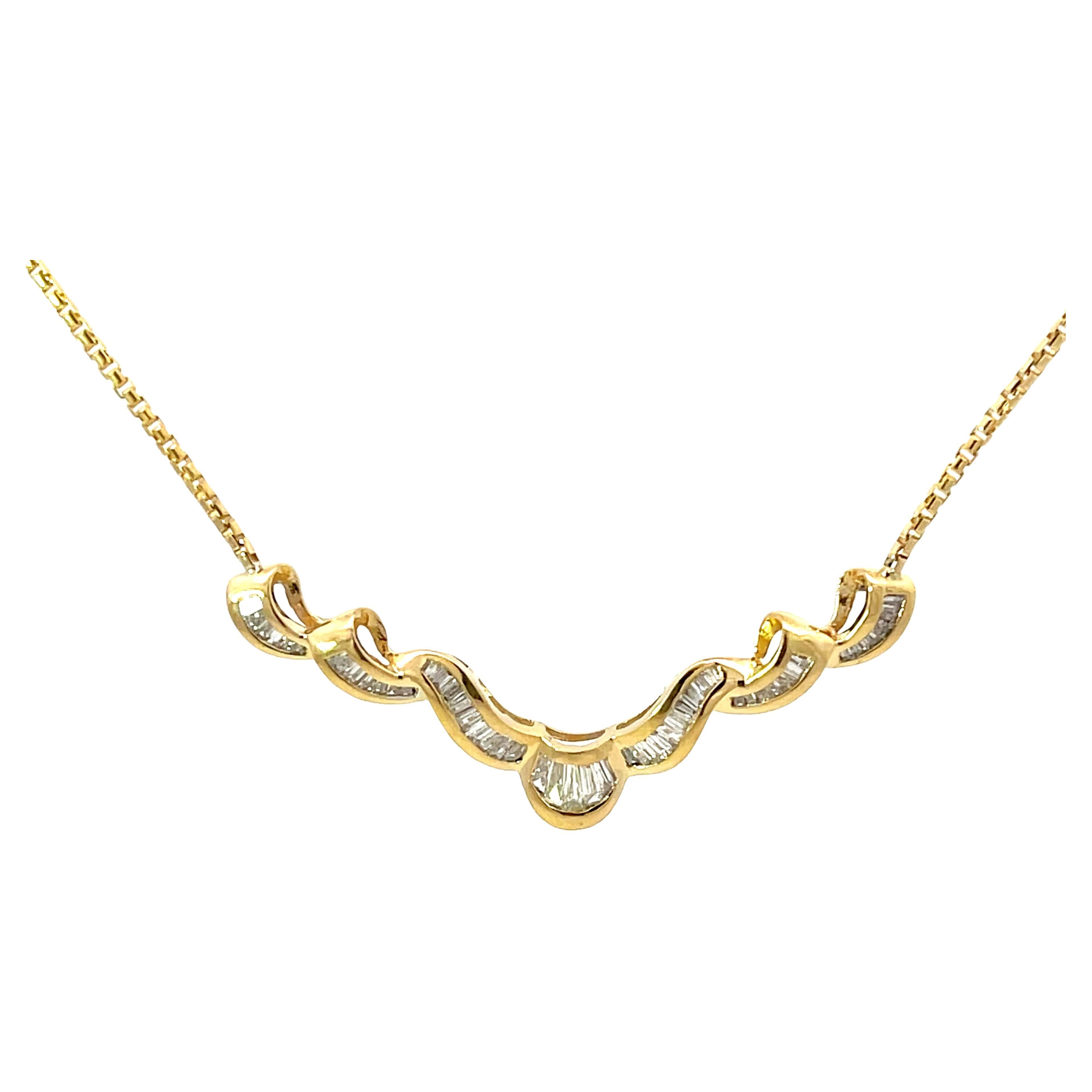 Solid 18k Yellow Gold Baguette Diamond Swirl Pendant Necklace For Sale