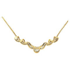 Retro Solid 18k Yellow Gold Baguette Diamond Swirl Pendant Necklace