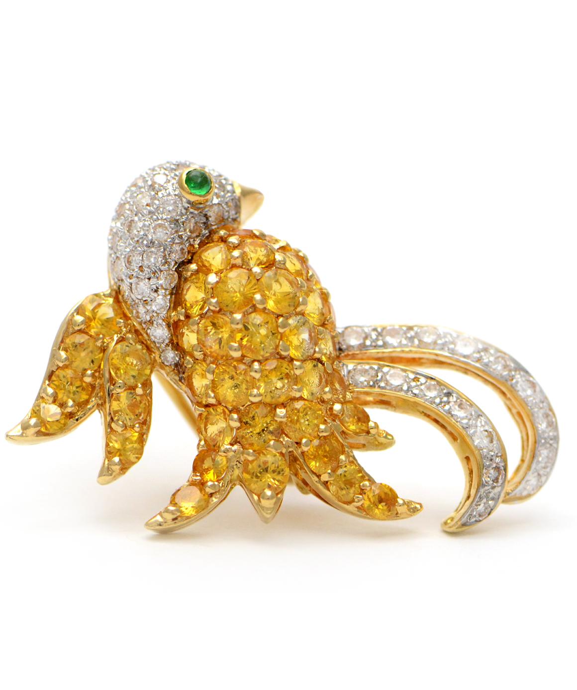 Solid 18K Yellow Gold Bird Brooch with Genuine Diamonds, Citrine & Emerald 10.1g In Excellent Condition In Manchester, NH