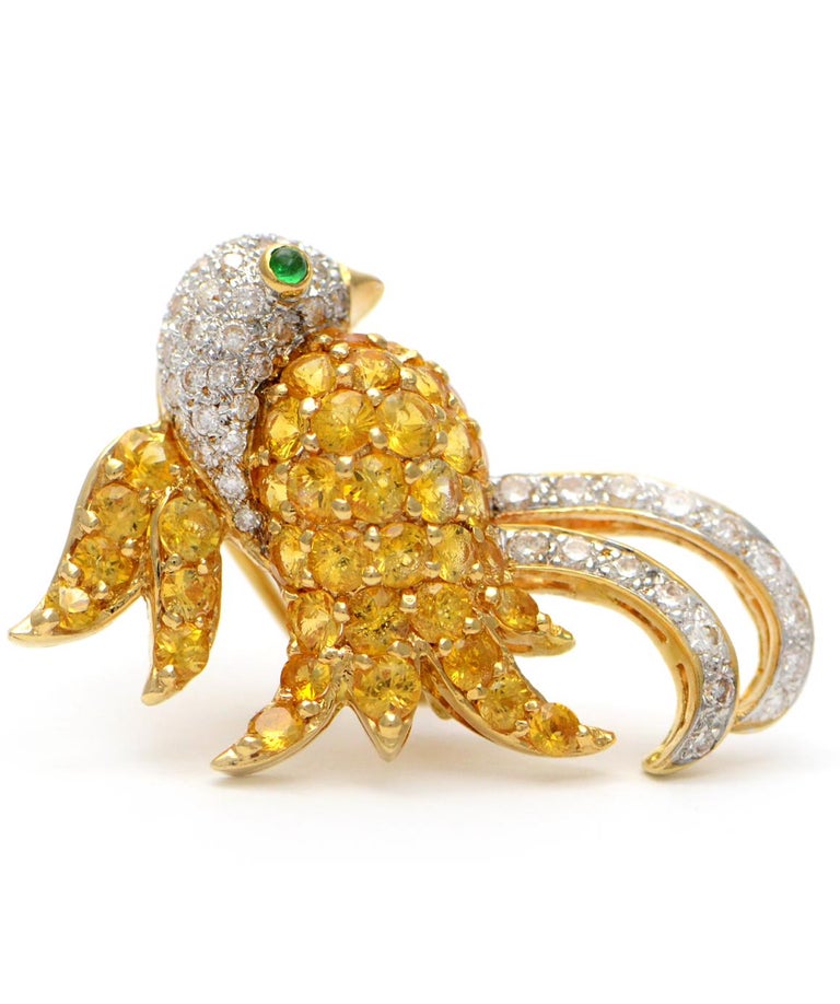Solid 18K Yellow Gold Bird Brooch with Genuine Diamonds, Citrine and ...