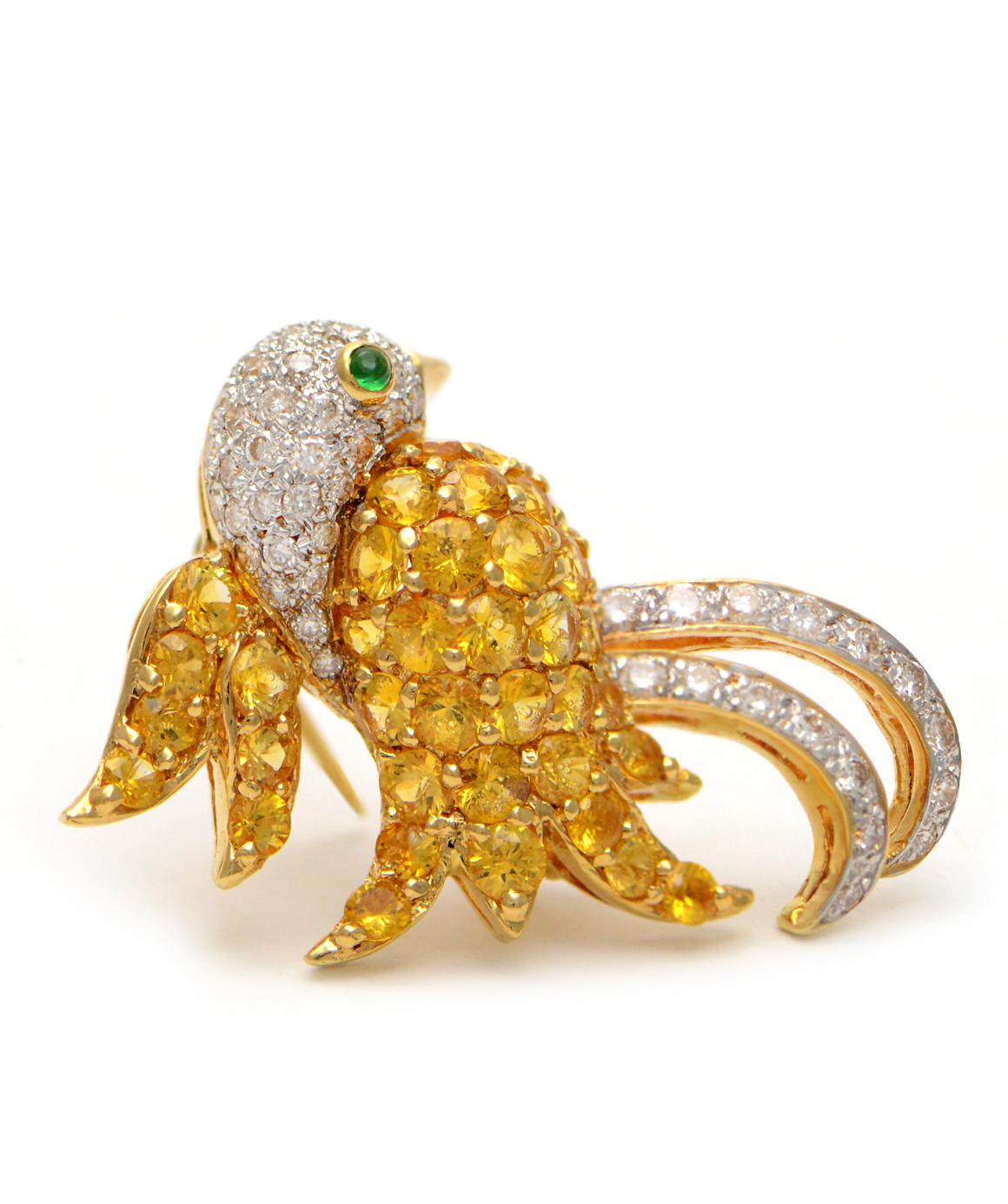 Women's or Men's Solid 18K Yellow Gold Bird Brooch with Genuine Diamonds, Citrine & Emerald 10.1g