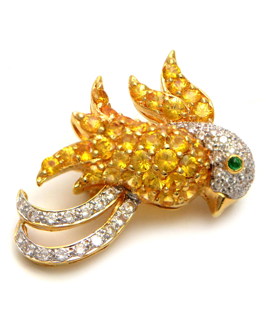 Solid 18K Yellow Gold Bird Brooch with Genuine Diamonds, Citrine & Emerald 10.1g 2