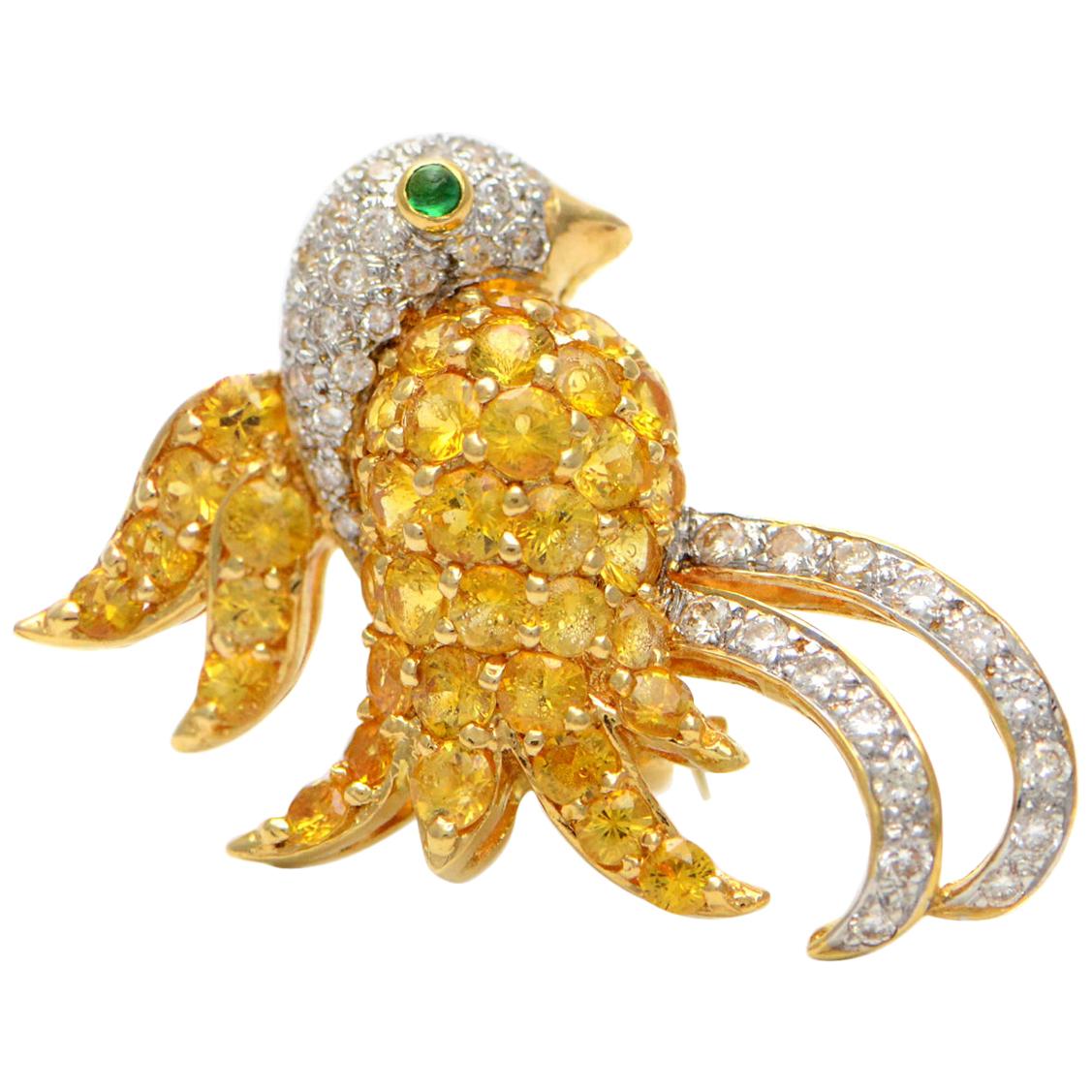 Solid 18K Yellow Gold Bird Brooch with Genuine Diamonds, Citrine & Emerald 10.1g