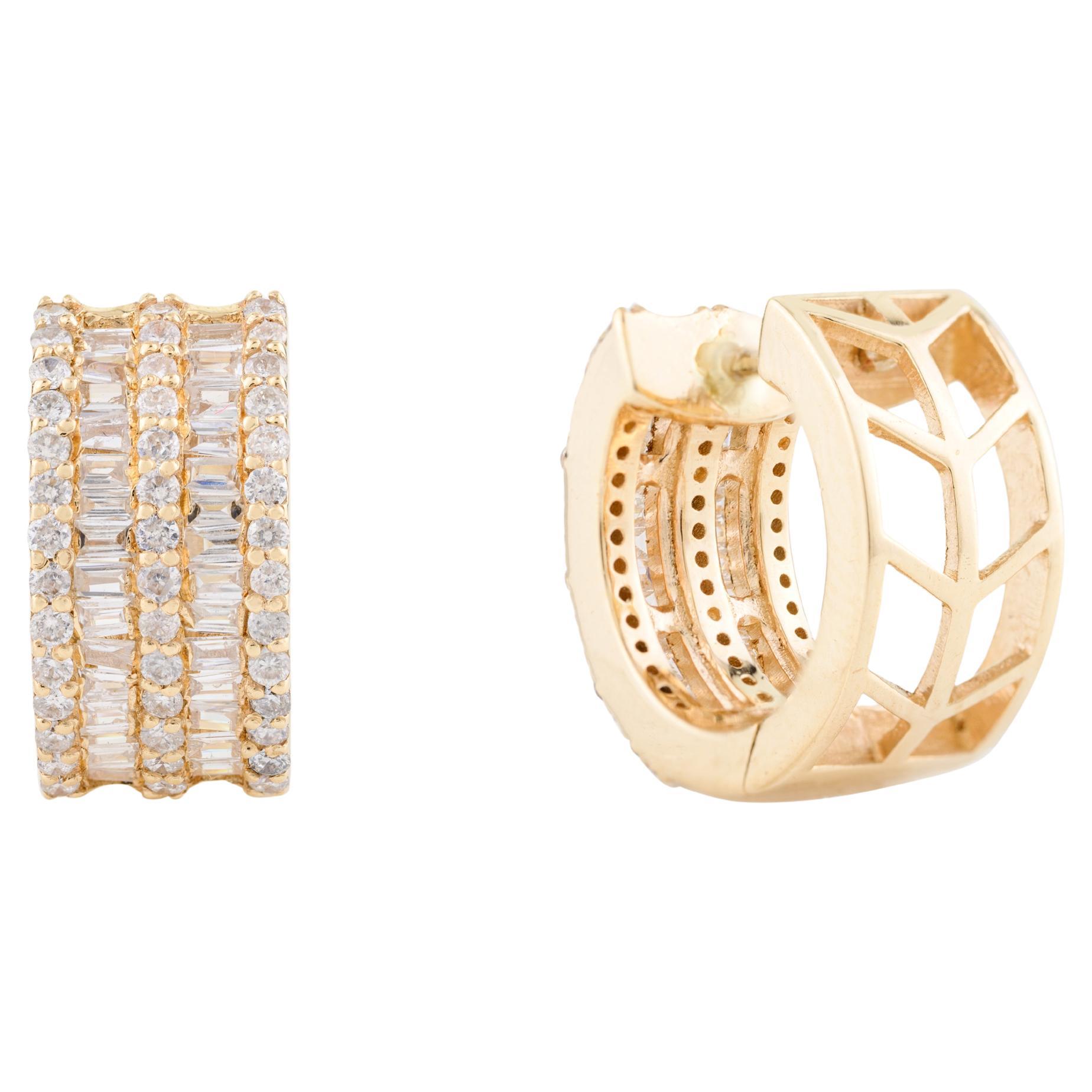 Solid 18k Yellow Gold Brilliant Round Baguette Diamond Wide Huggie Hoop Earrings