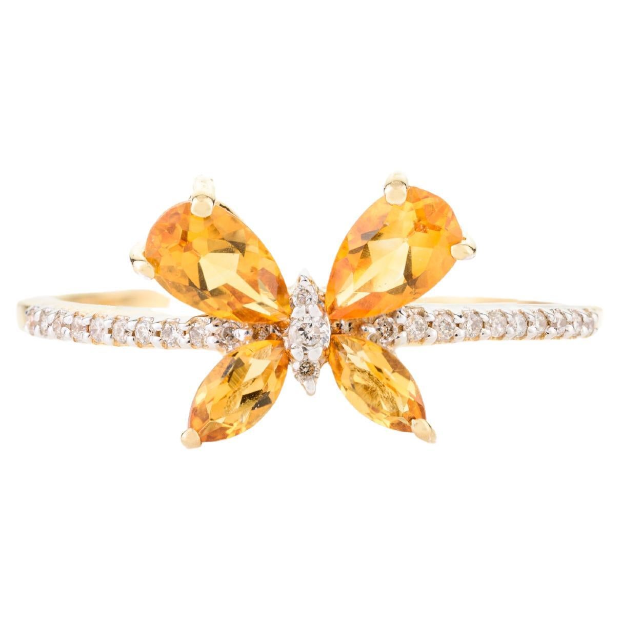 Solid 18k Yellow Gold Citrine Butterfly Minimalist Ring Gift for Girlfriend