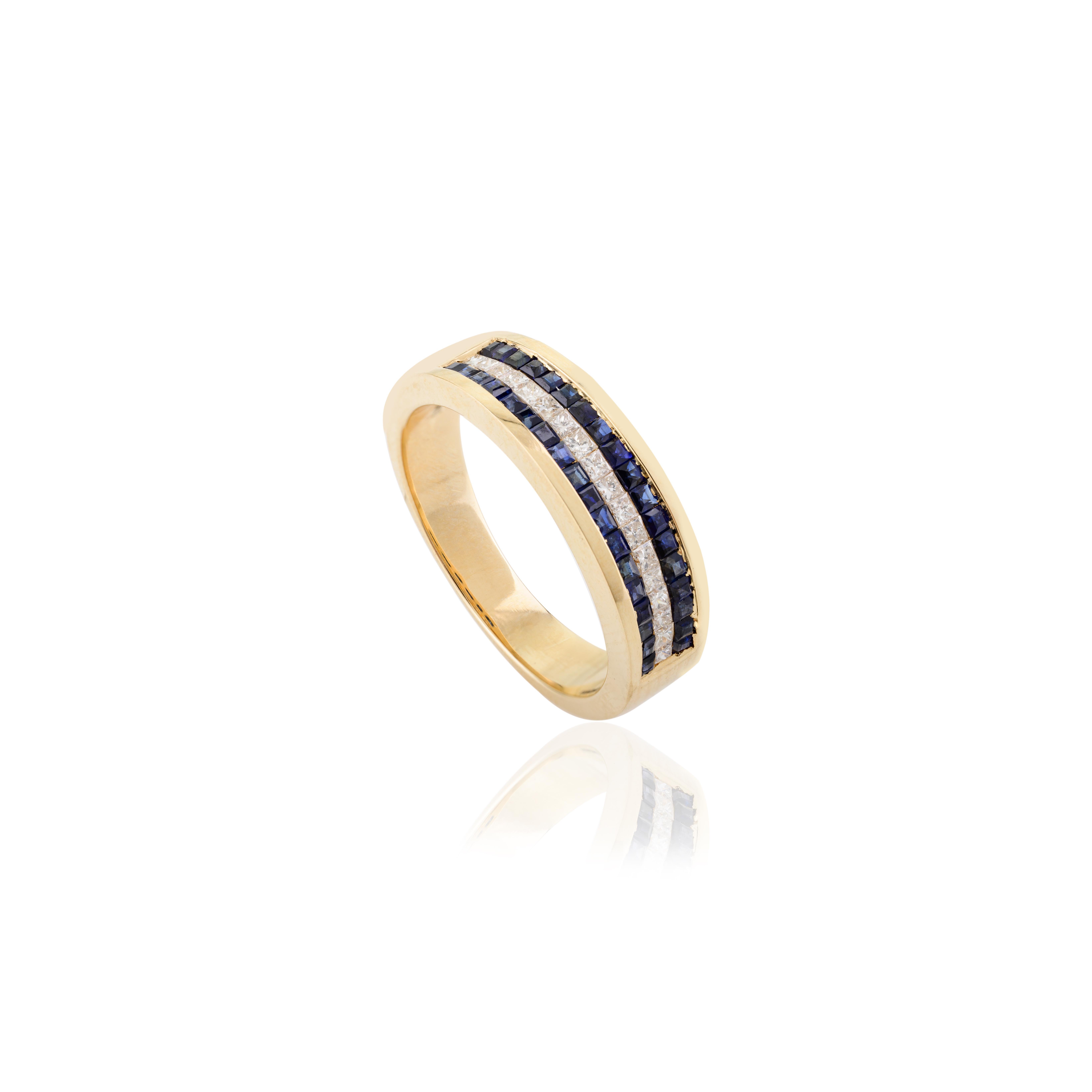 For Sale:  Blue Sapphire Diamond Engagement Band Ring Channel Set in 18k Yellow Gold 8
