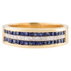 Blue Sapphire Diamond Engagement Band Ring Channel Set in 18k Yellow Gold