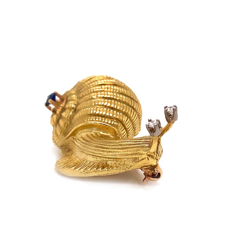 Women's or Men's Solid 18 Karat Yellow Gold Diamond and Sapphire Snail Pin/ Brooch 13.7g