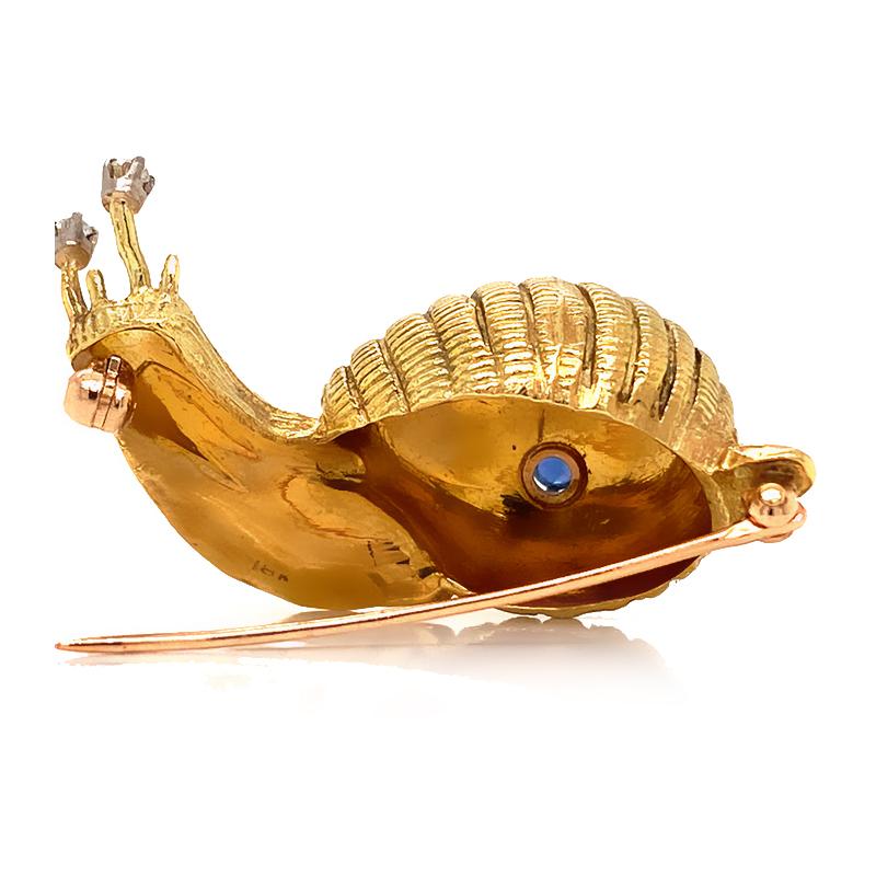 Solid 18 Karat Yellow Gold Diamond and Sapphire Snail Pin/ Brooch 13.7g 3