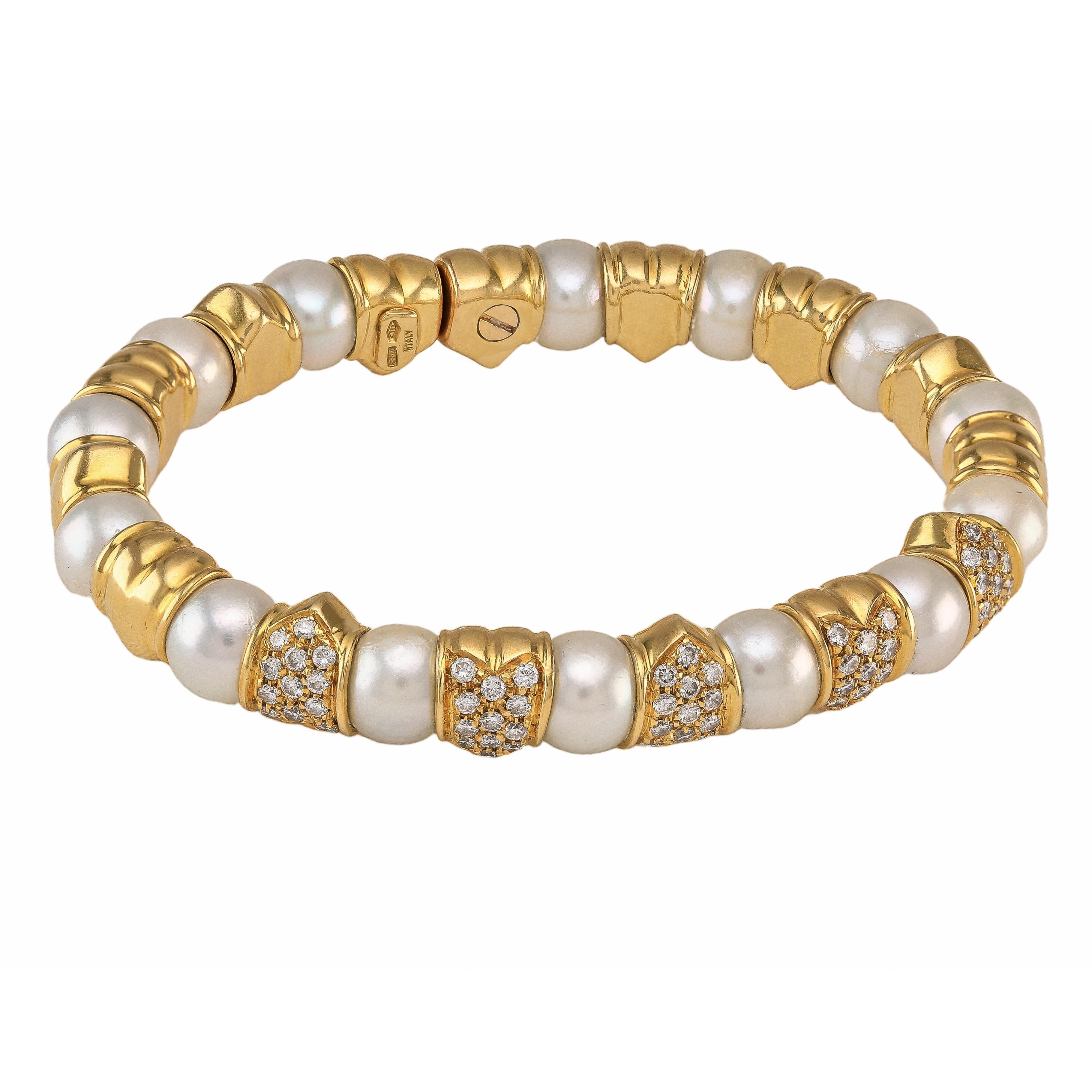 Round Cut Solid 18 Karat Yellow Gold Diamond Pearl Cuff Bracelet For Sale
