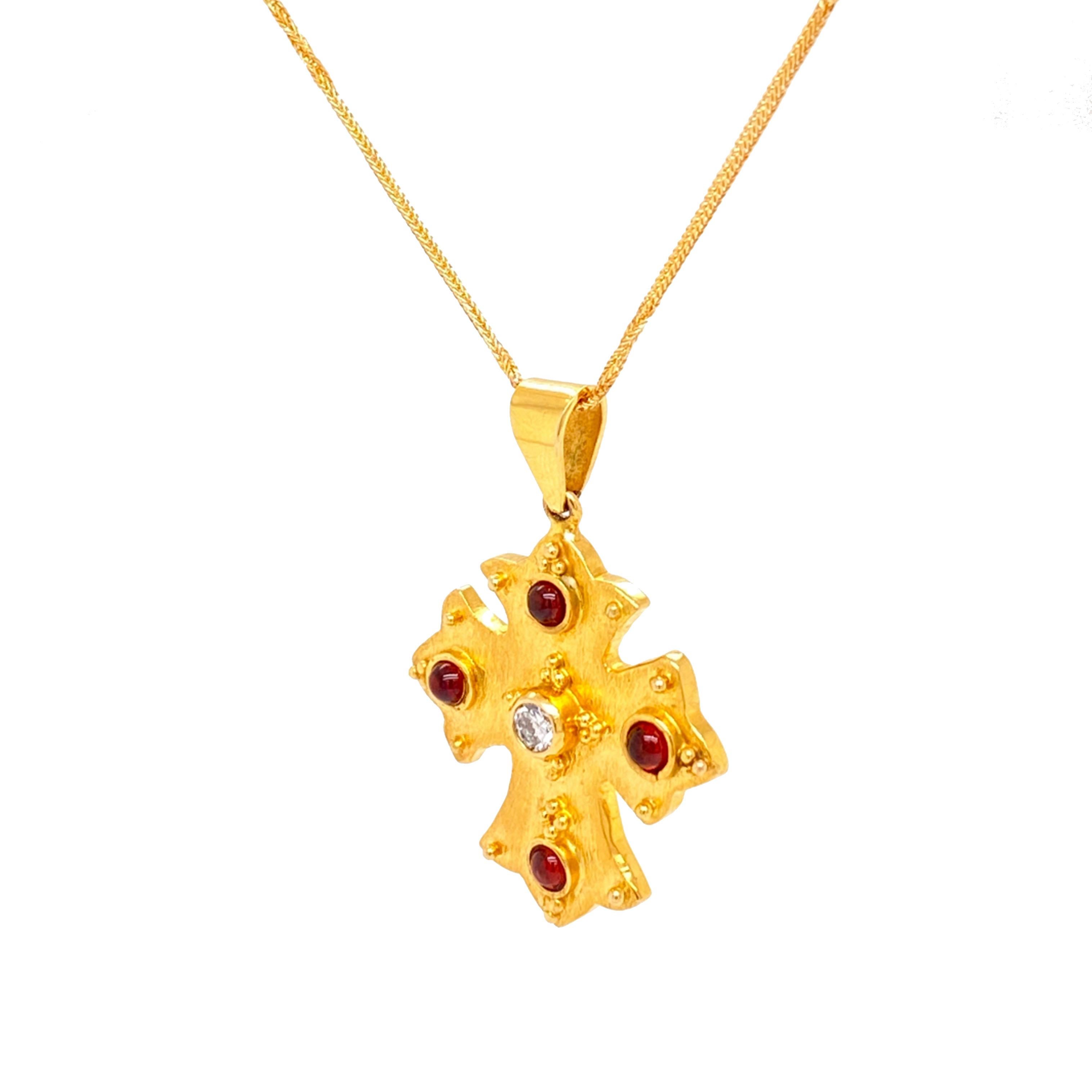 Solid 18 Karat Yellow Gold Genuine Diamond and Garnet Cross Necklace 13.2g In Excellent Condition In Manchester, NH