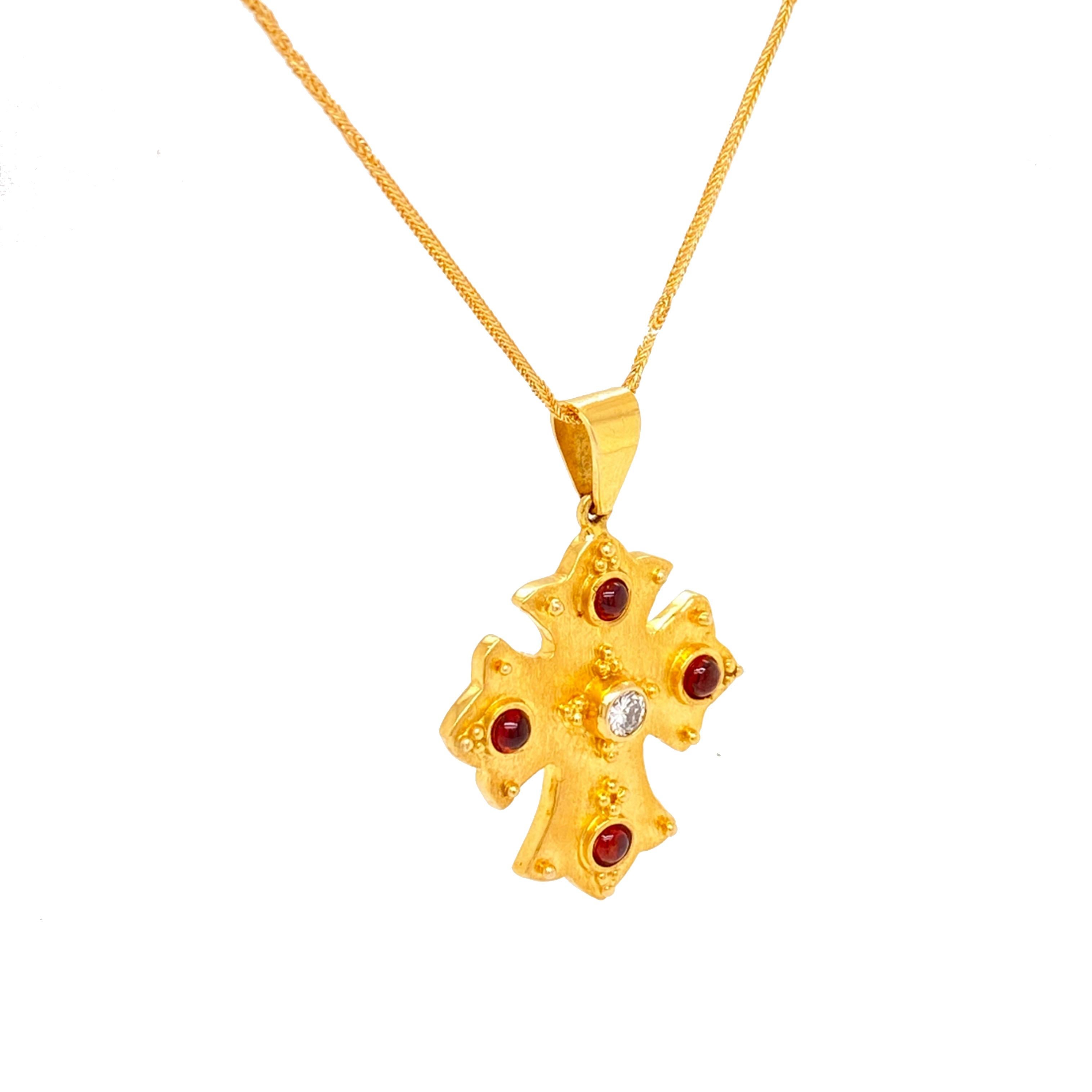 Solid 18 Karat Yellow Gold Genuine Diamond and Garnet Cross Necklace 13.2g 4
