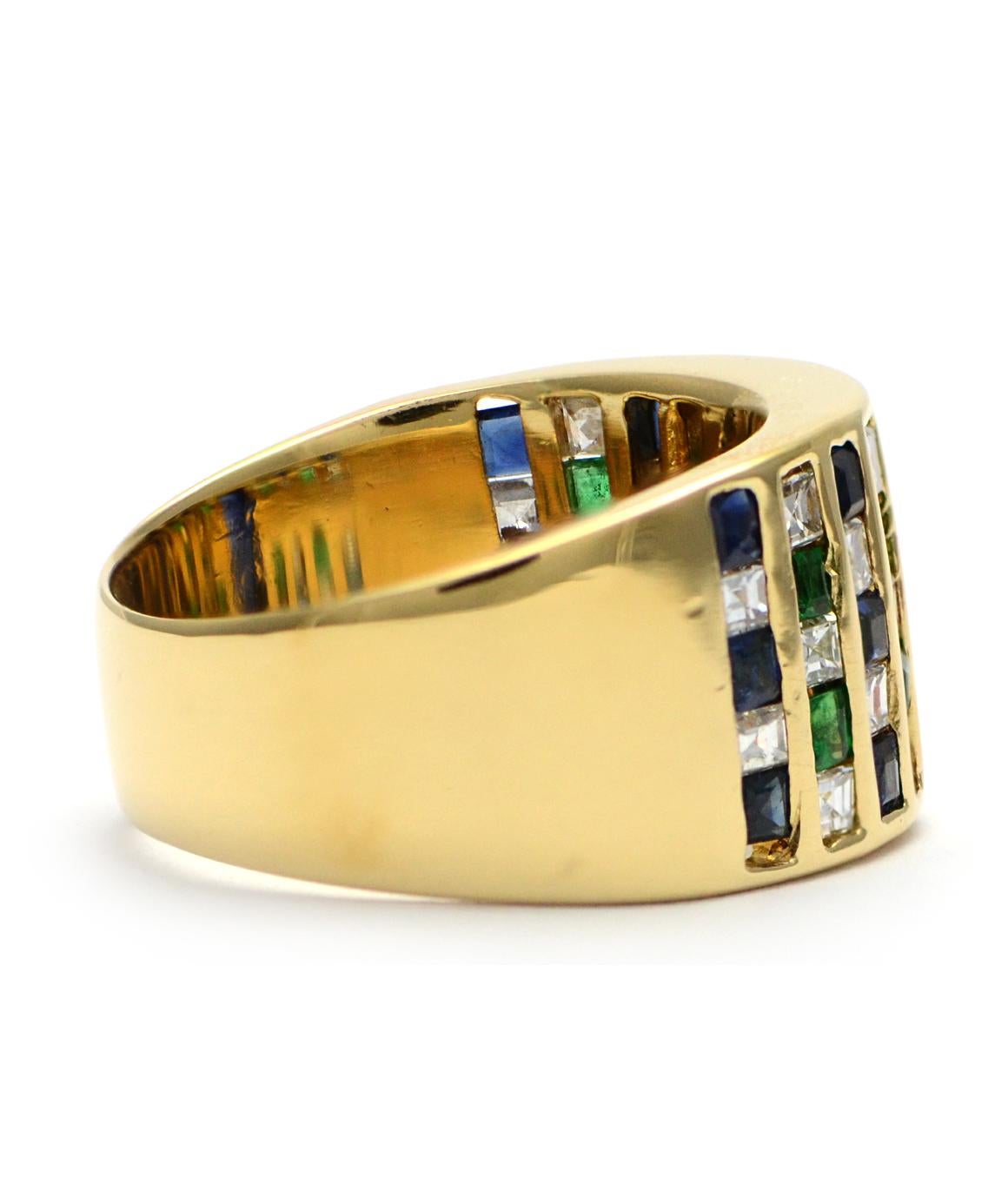 Excellent condition! This solid 14k yellow gold ring features a center genuine sapphire that is cut cornered rectangular shape measuring approximately 8.25mm X 4.85mm. There are a total of 12 square genuine accent sapphires, 20 genuine square