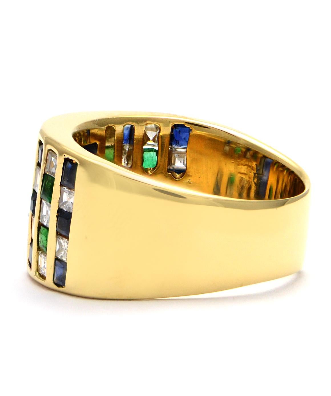 Solid 18 Karat Yellow Gold Genuine Sapphire, Diamond and Emerald Ring 12.4g In Excellent Condition In Manchester, NH