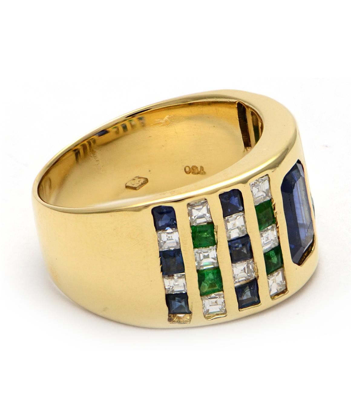 Women's or Men's Solid 18 Karat Yellow Gold Genuine Sapphire, Diamond and Emerald Ring 12.4g