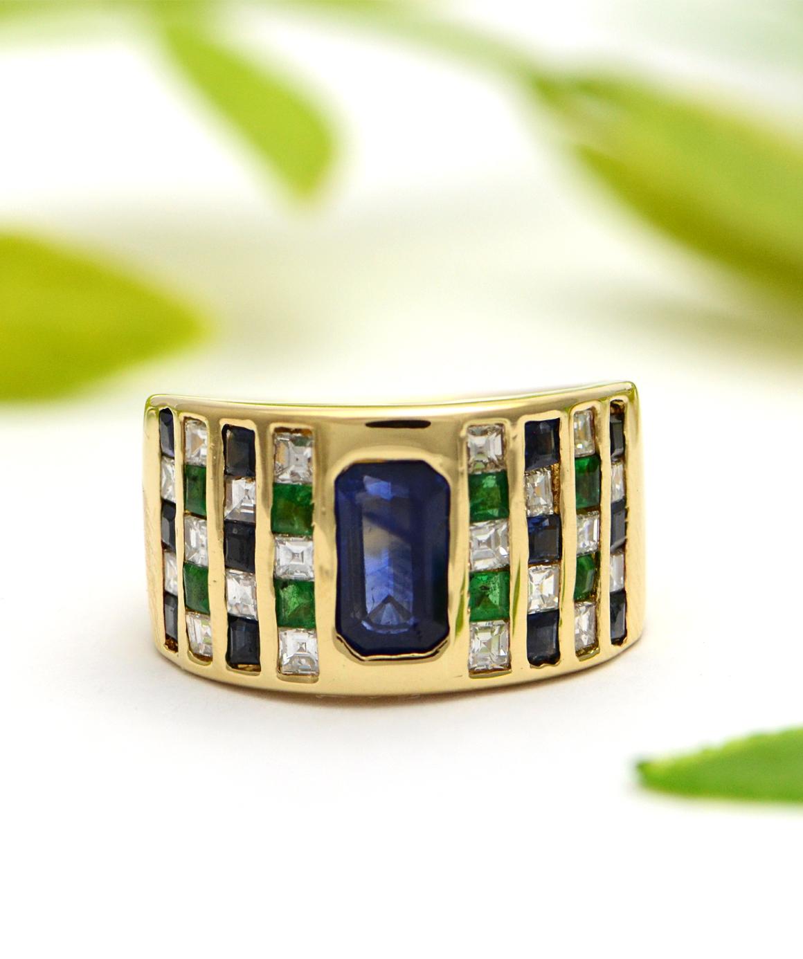 Solid 18 Karat Yellow Gold Genuine Sapphire, Diamond and Emerald Ring 12.4g 1