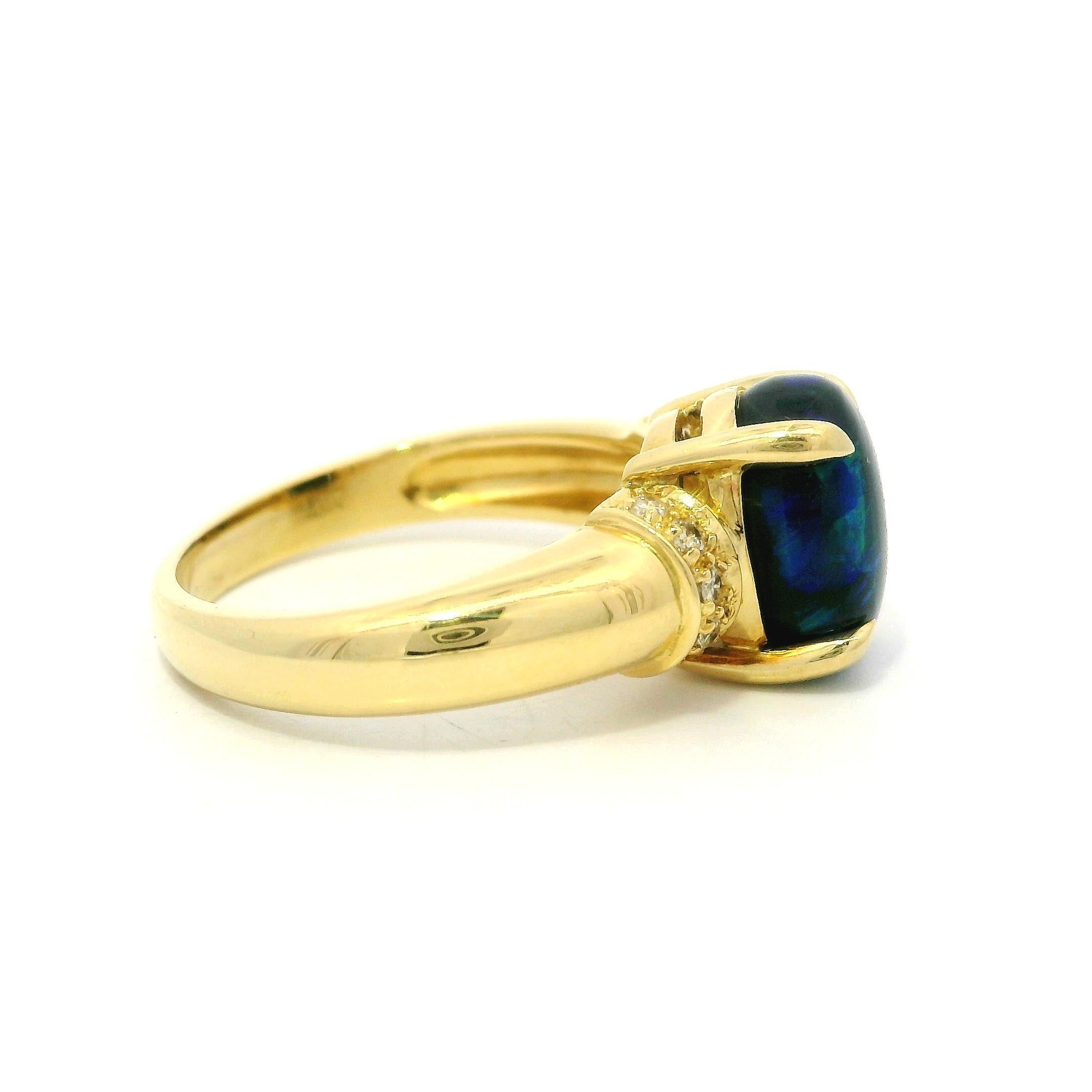 Solid 18k Yellow Gold GIA 2.15ct Oval Cabochon Black Opal Diamond Cocktail Ring For Sale 6