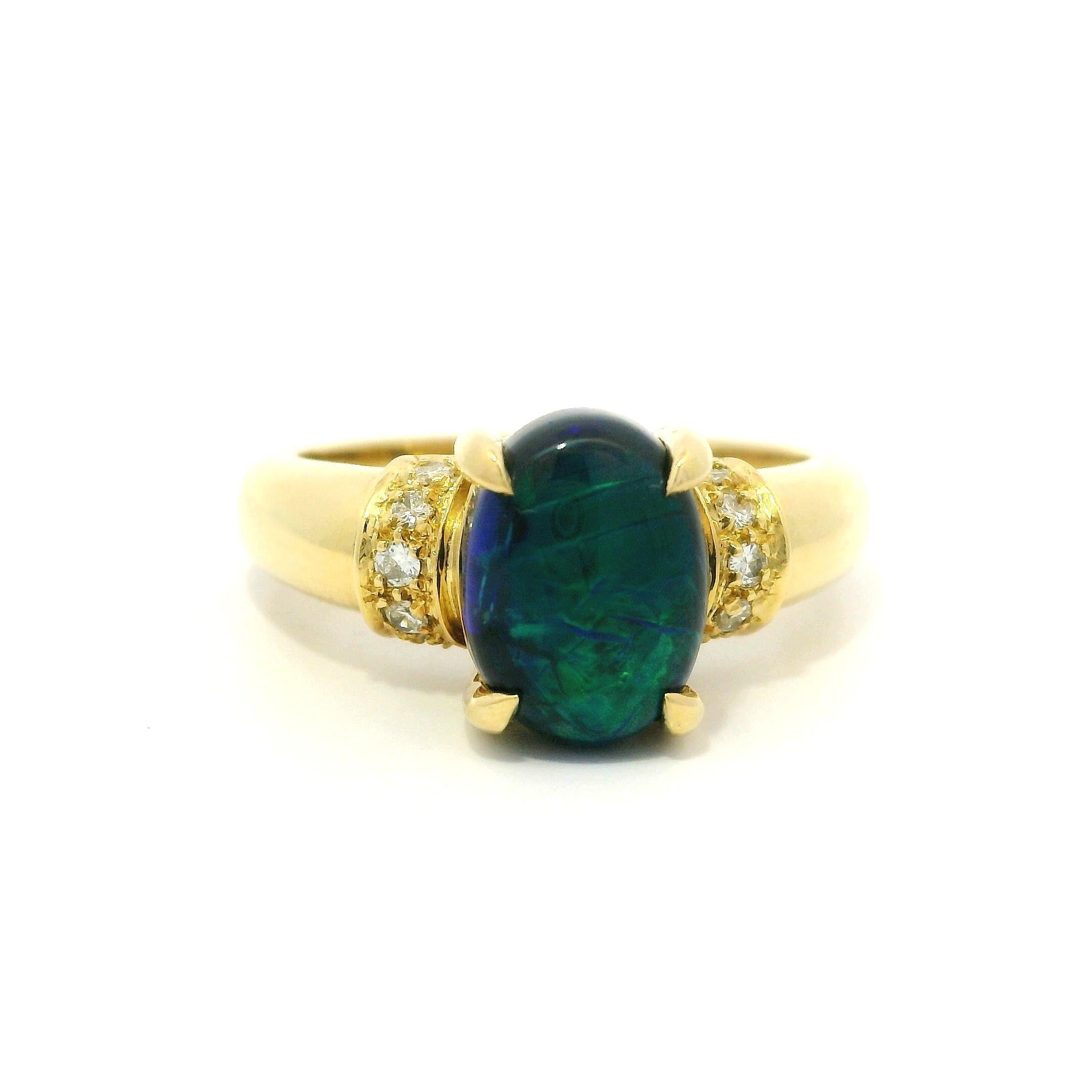 Solid 18k Yellow Gold GIA 2.15ct Oval Cabochon Black Opal Diamond Cocktail Ring In Excellent Condition For Sale In Montclair, NJ