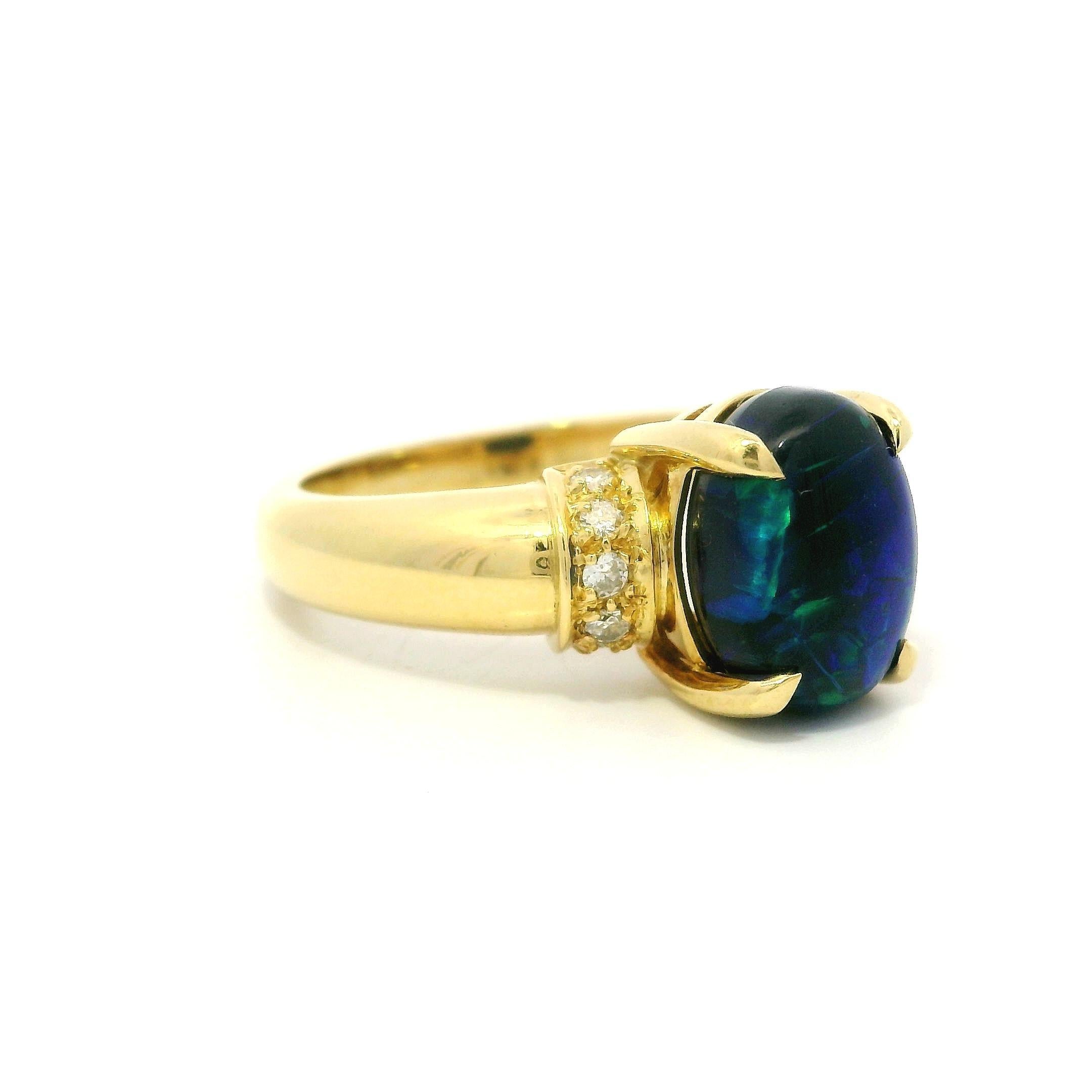 Women's Solid 18k Yellow Gold GIA 2.15ct Oval Cabochon Black Opal Diamond Cocktail Ring For Sale