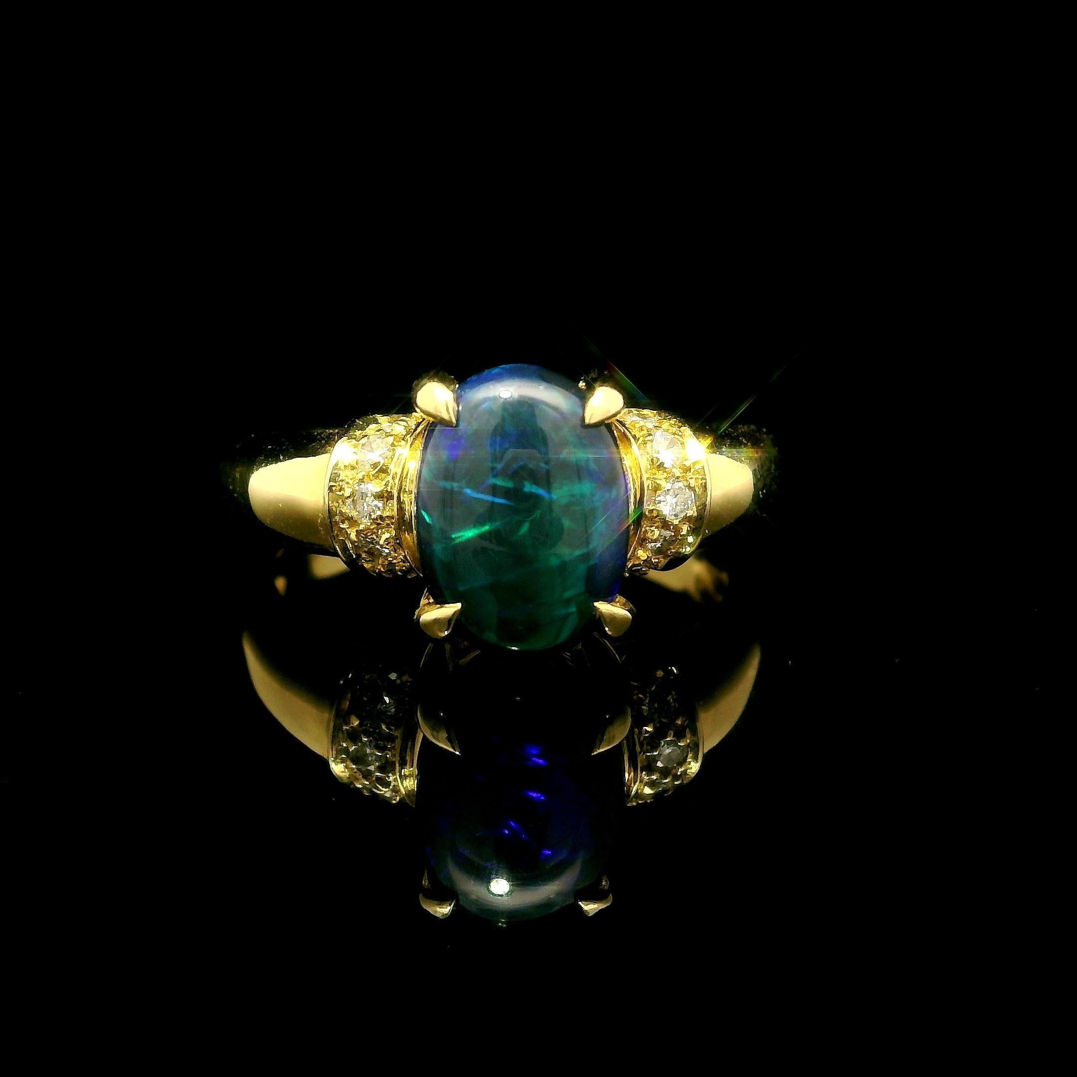 Solid 18k Yellow Gold GIA 2.15ct Oval Cabochon Black Opal Diamond Cocktail Ring For Sale 1