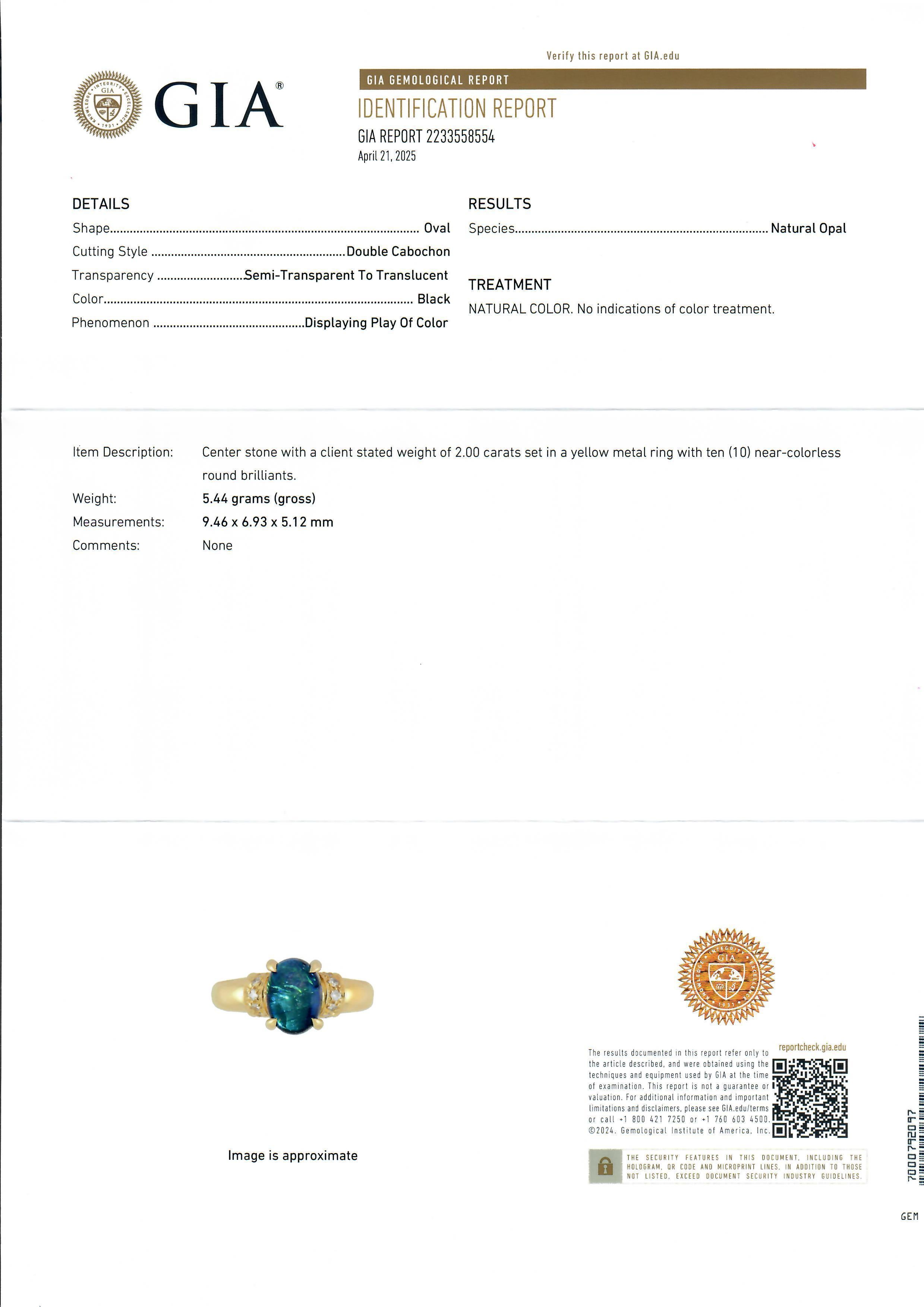 Solid 18k Yellow Gold GIA 2.15ct Oval Cabochon Black Opal Diamond Cocktail Ring For Sale 2