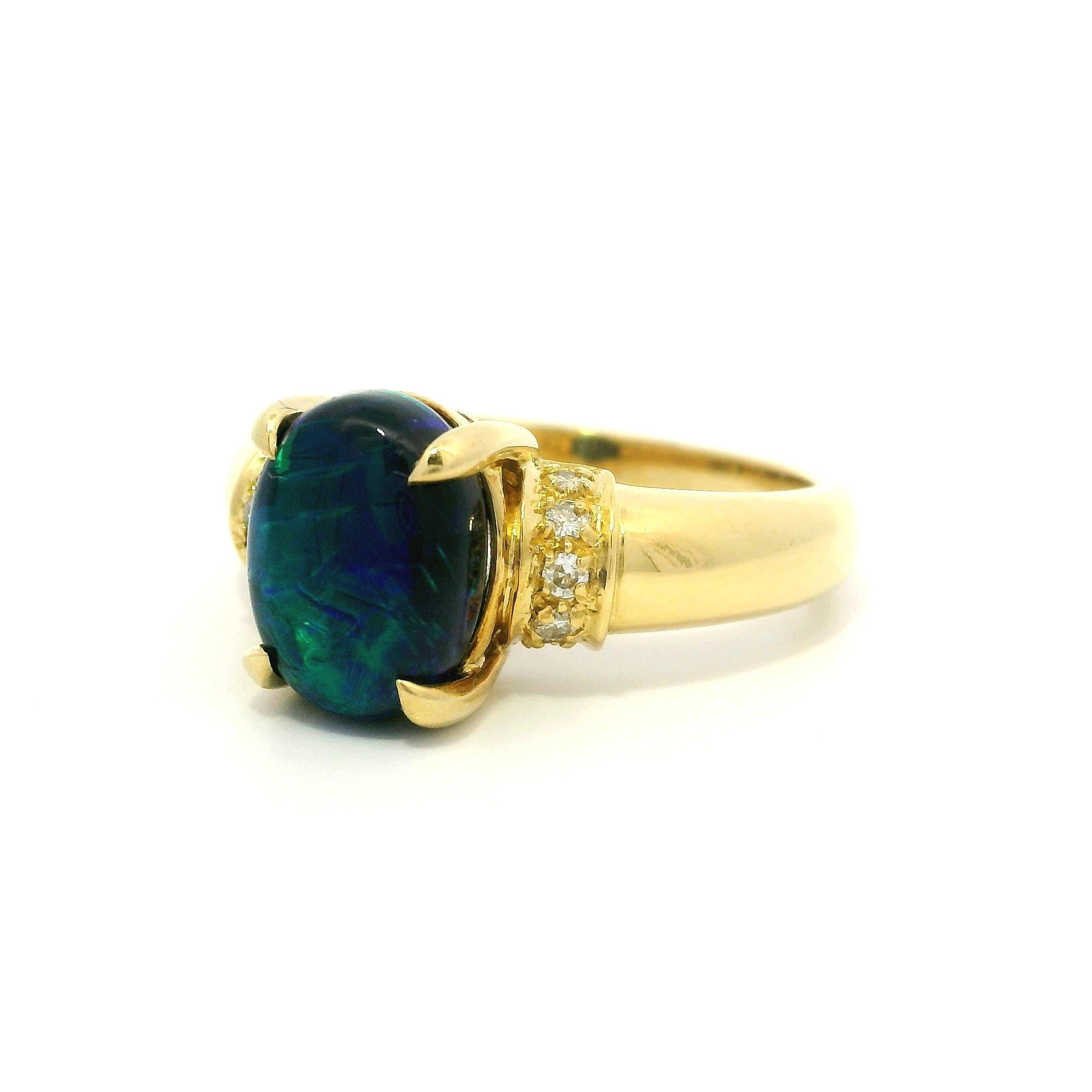 Solid 18k Yellow Gold GIA 2.15ct Oval Cabochon Black Opal Diamond Cocktail Ring For Sale 3
