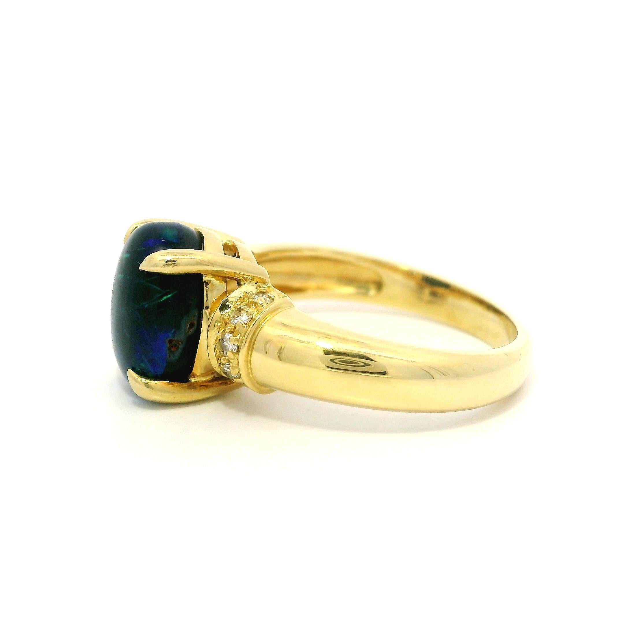 Solid 18k Yellow Gold GIA 2.15ct Oval Cabochon Black Opal Diamond Cocktail Ring For Sale 4