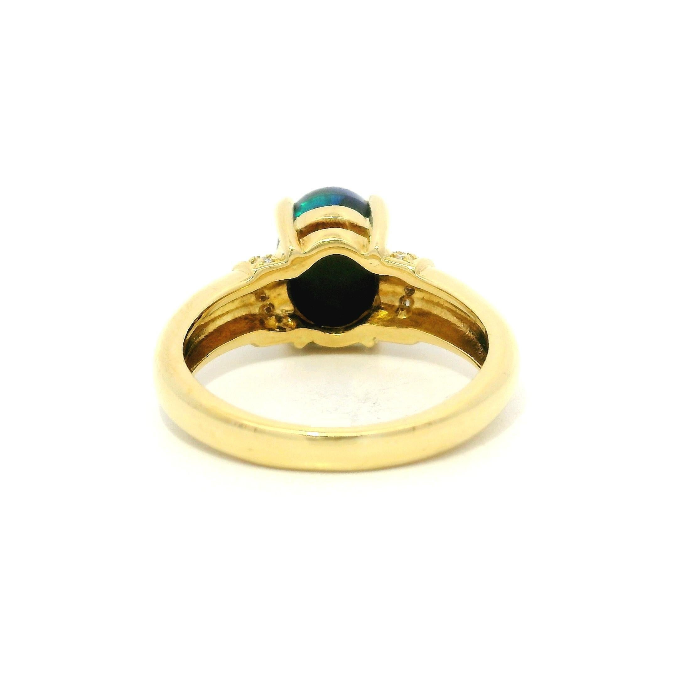 Solid 18k Yellow Gold GIA 2.15ct Oval Cabochon Black Opal Diamond Cocktail Ring For Sale 5